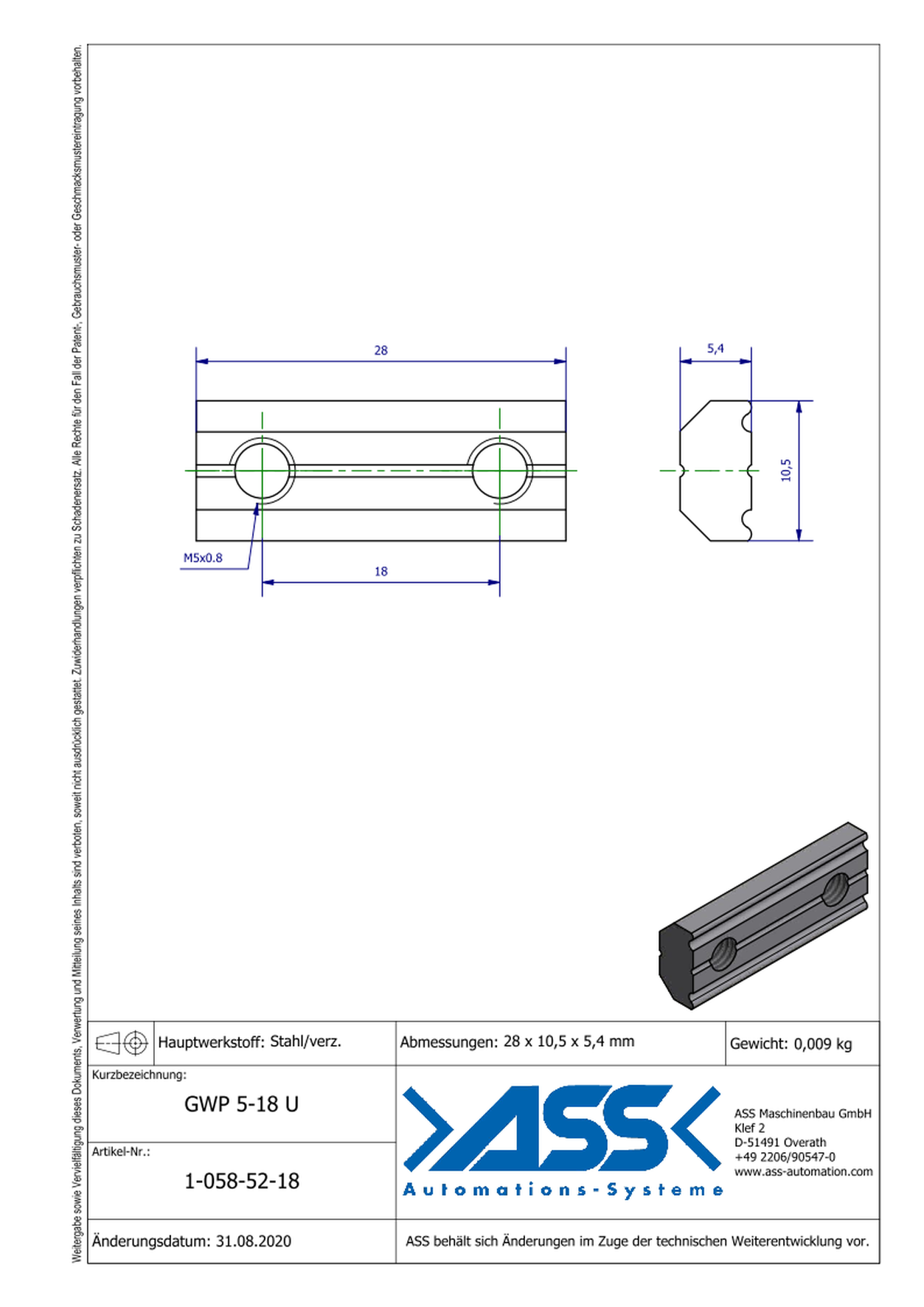 GWP 5-18 U Channel Nut with two Threads M5