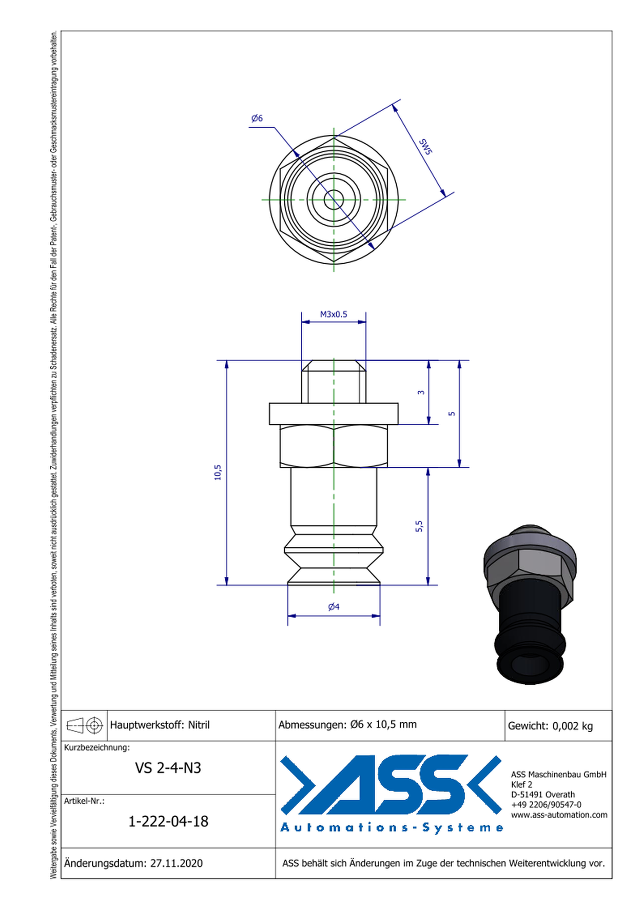 VS 2-4-N3  Vacuum Cup, 2 Bellows