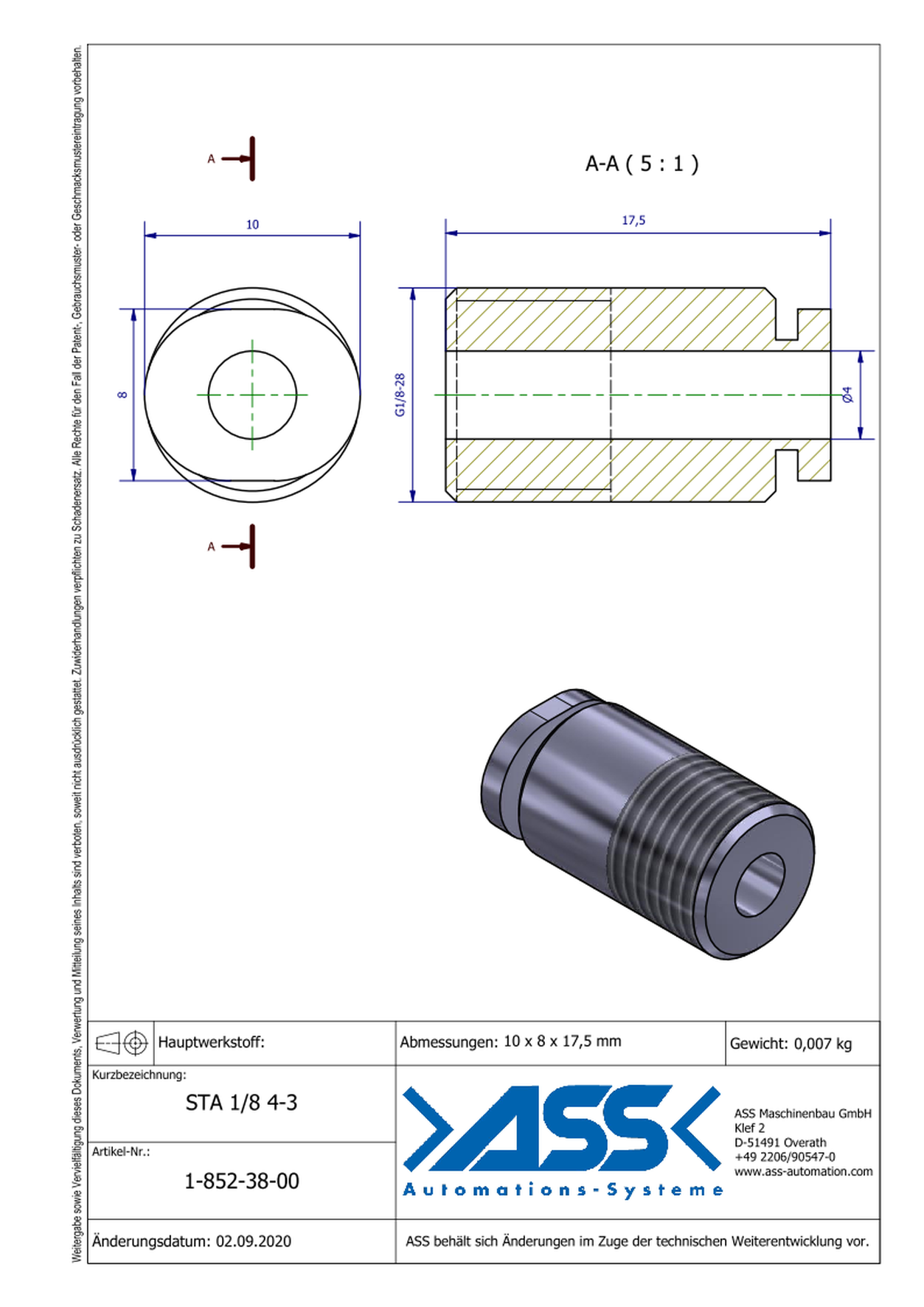 STA 1/8 4-3 Straight Quick Connector for PSS