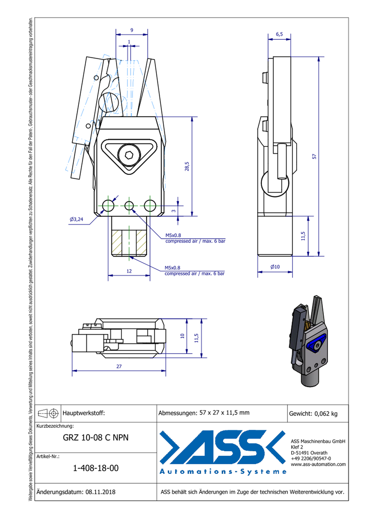 GRZ 10-08 C NPN Gripper with Jaw Type: Chequered / Sensor