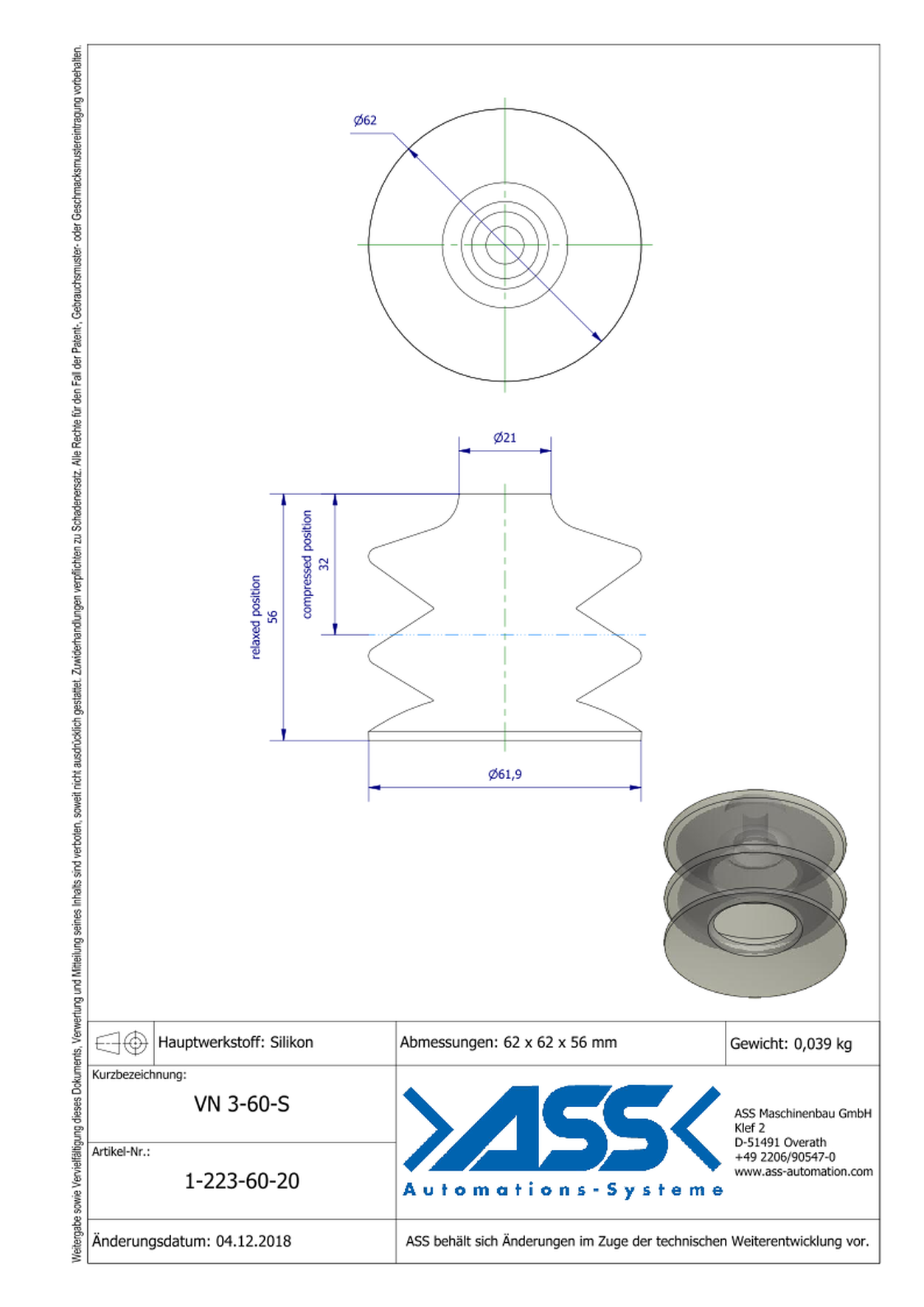 VN 3-60-S Suction Cup, 3 Bellows