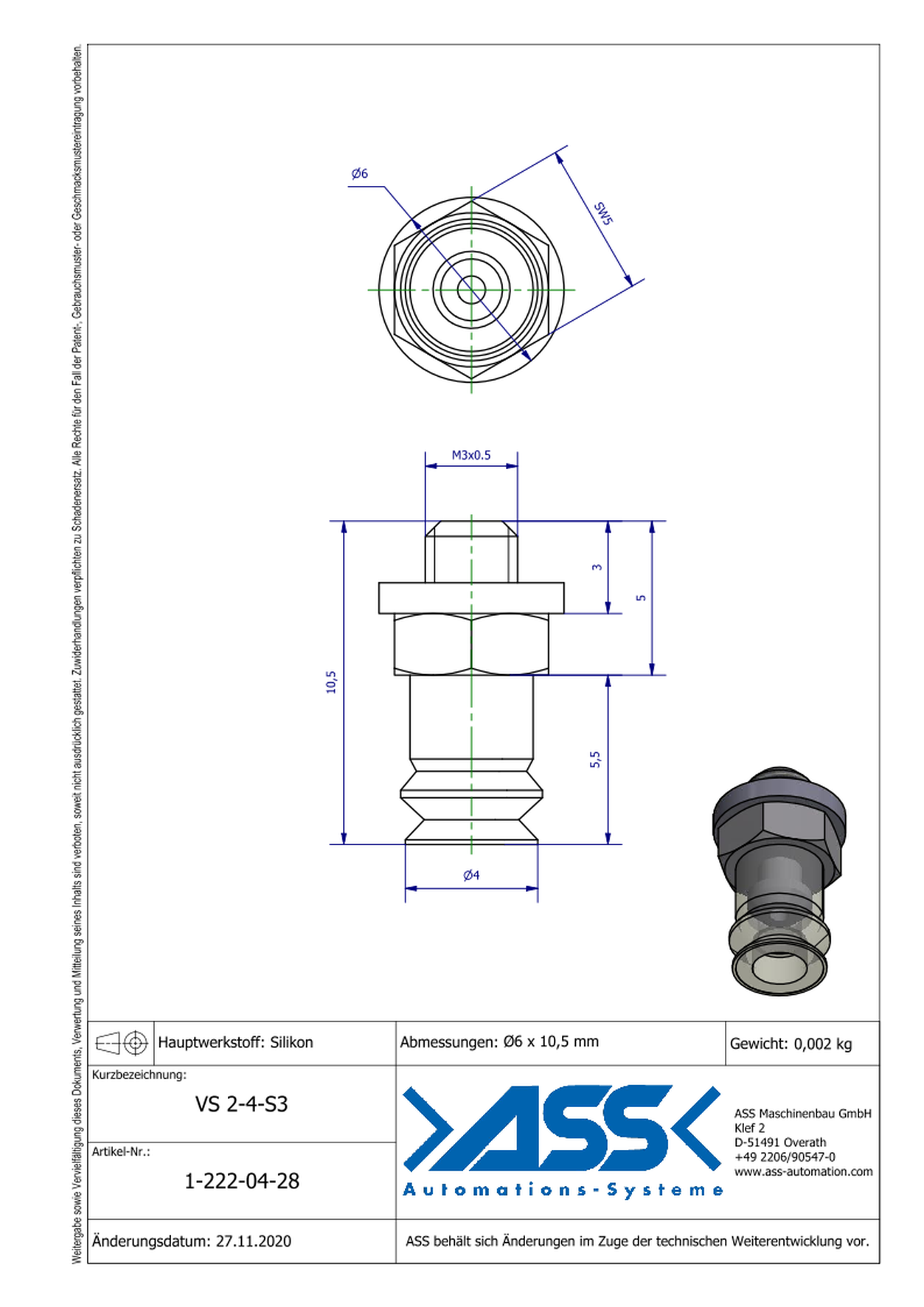 VS 2-4-S3  Vacuum Cup, 2 Bellows