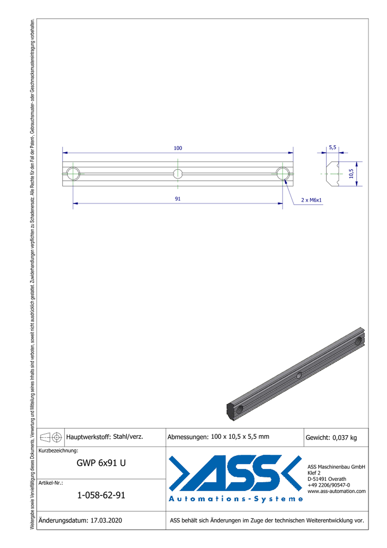 GWP 6-91 U Channel Nut with two Threads M6