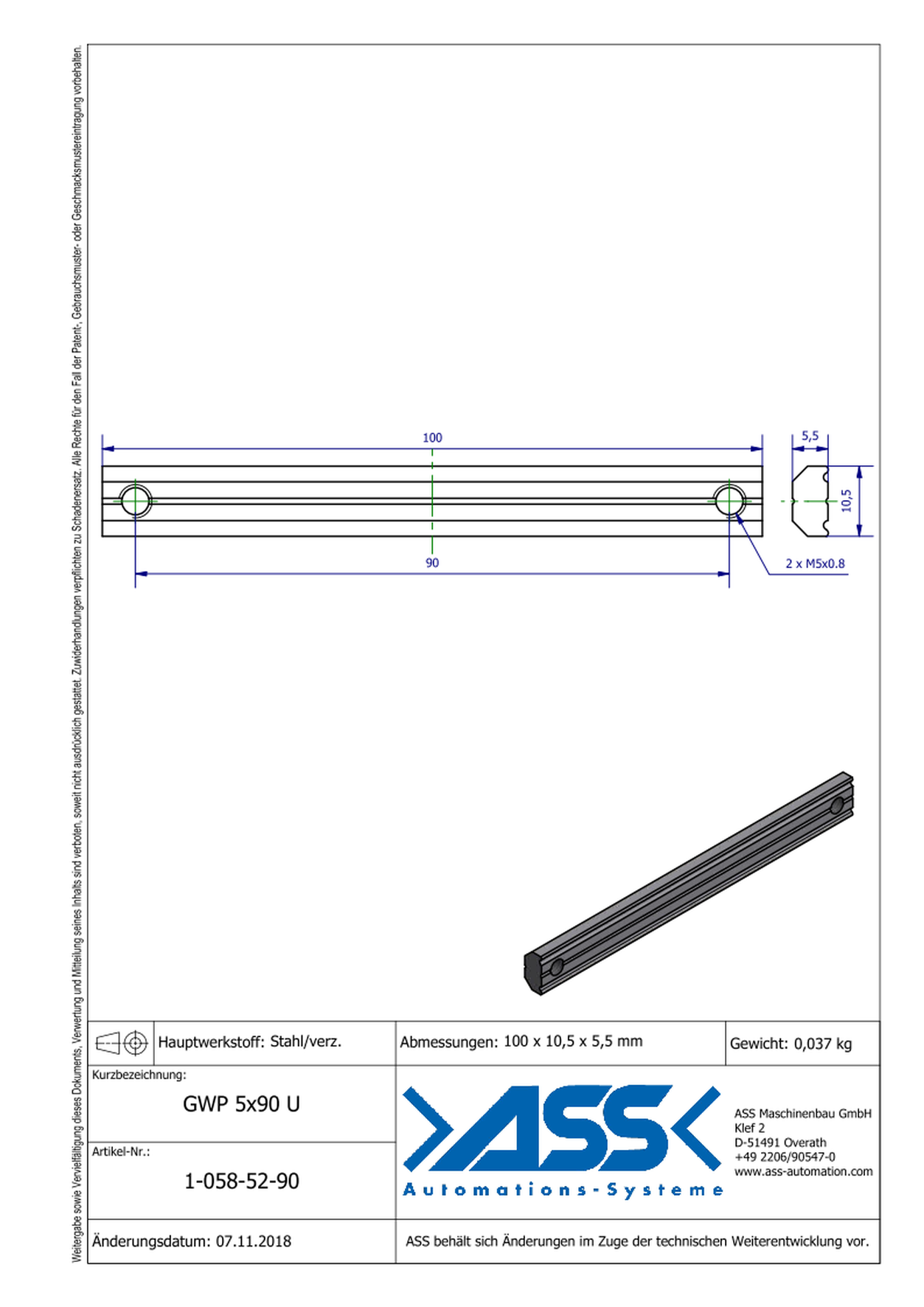 GWP 5-90 U Channel Nut with two Threads M5