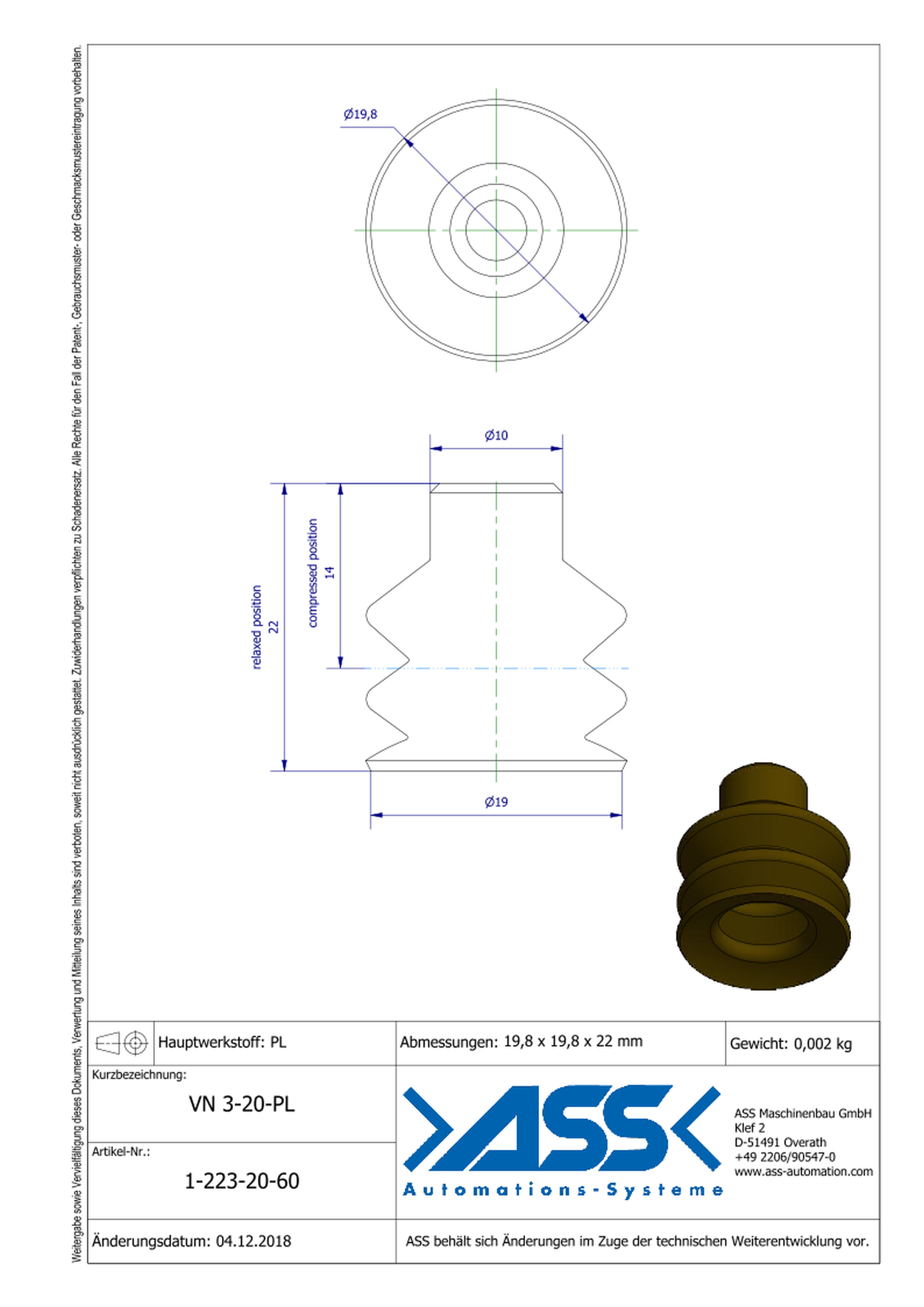 VN 3-20-PL Suction Cup, 3 Bellows