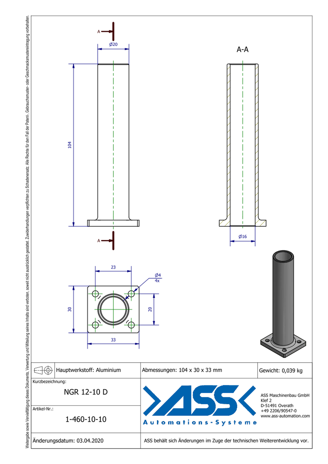 Draw Tube 20x100 for NGR 12-10 D