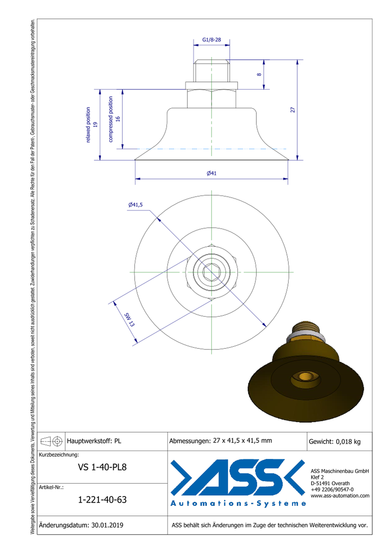 VS 1-40-PL8 Vaccum Cup, 1 Bellow