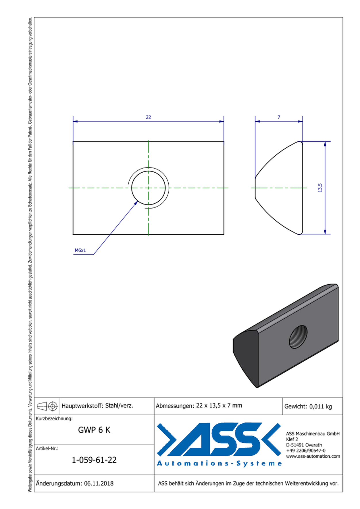 GWP 6 K Channel Nut with one Thread M6