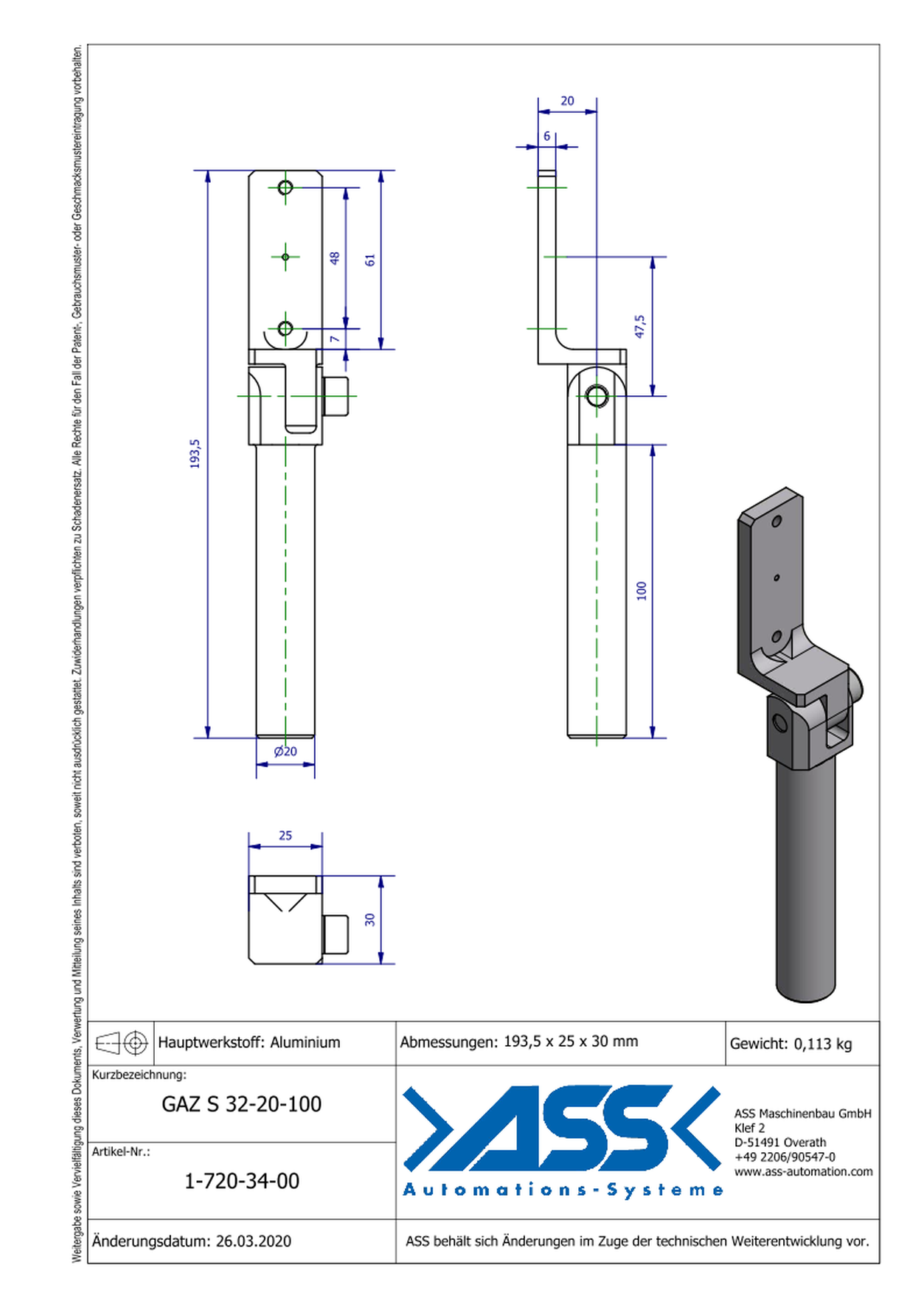 GAZ S 32-20-100 Gripper Arm for Short Stroke Cylinder, with Swivel