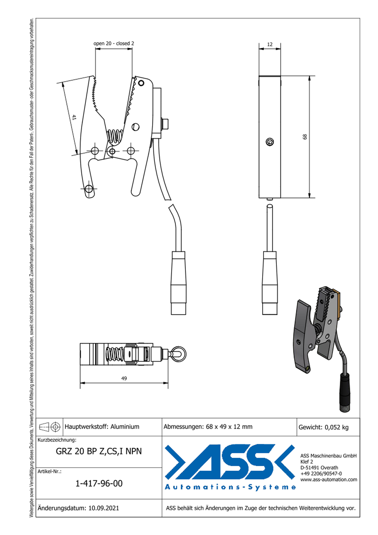 GRZ 20 Gripper Jaws Z,CS,I NPN Jaw Type: toothed, chamfered / Sensor NPN