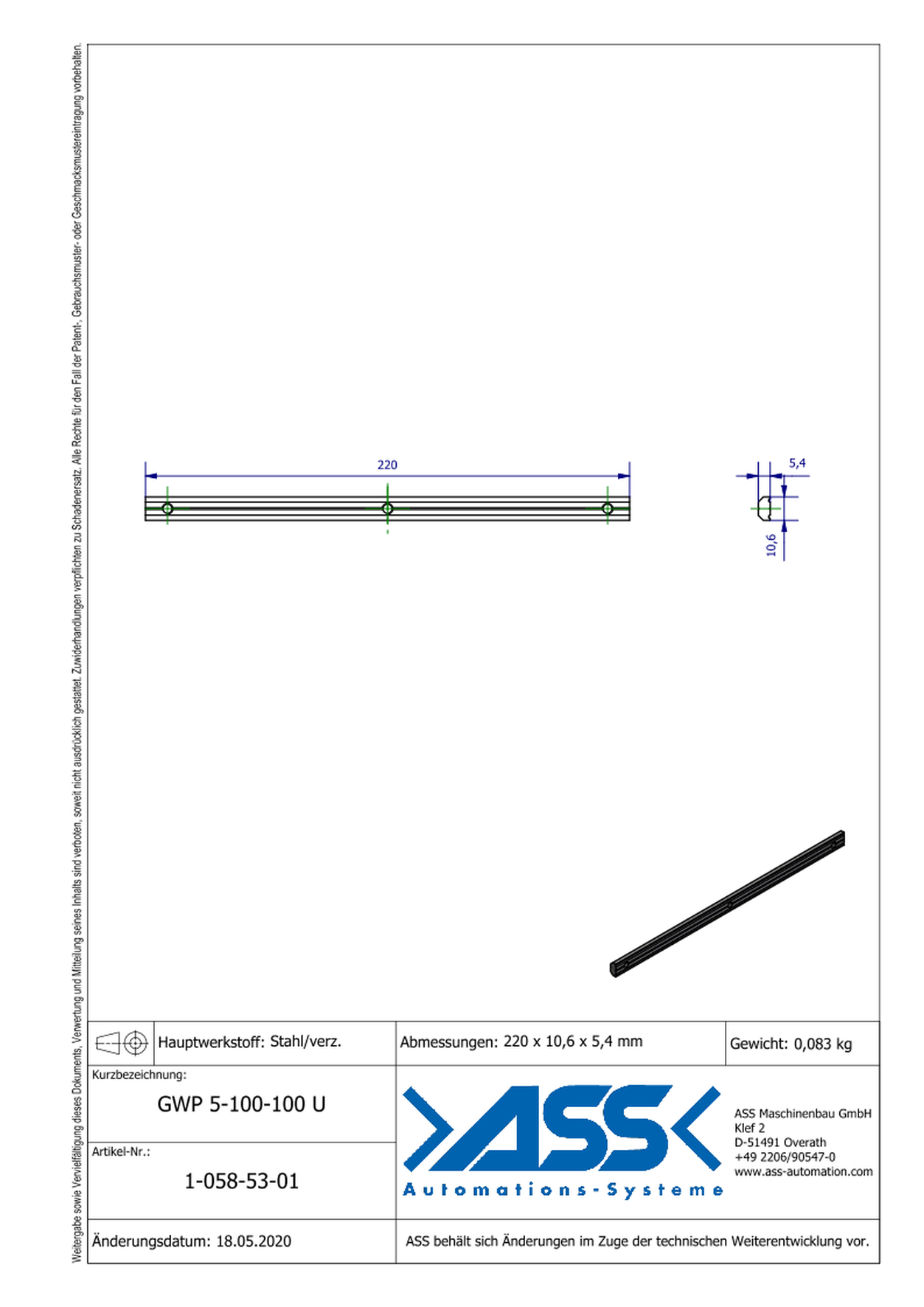 GWP 5-100-100 U Channel Nut with three Threads M5