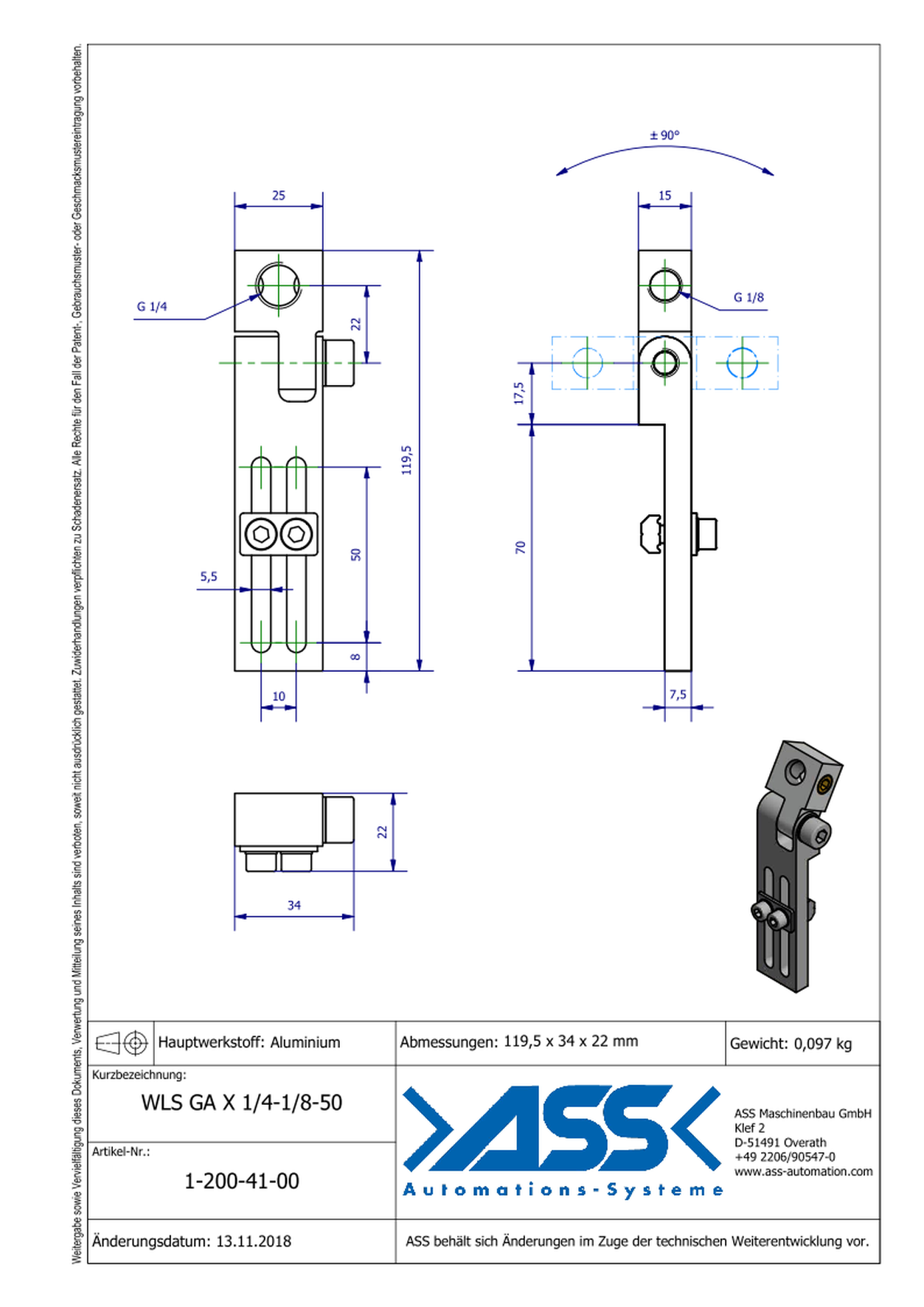 WLS GA X 1/4-1/8-50 Long Angle connector with Swivel Head