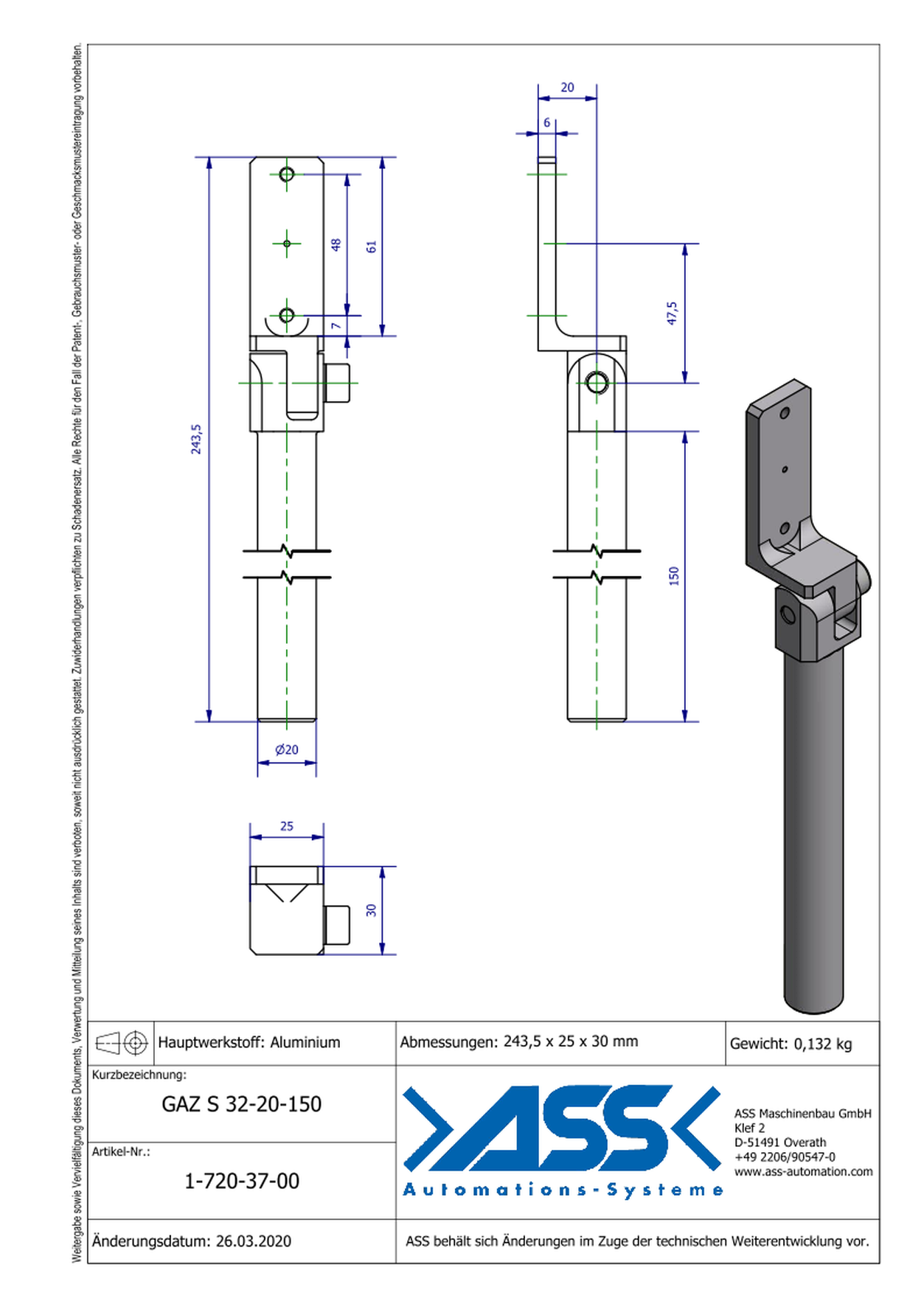 GAZ S 32-20-150 Gripper Arm for Short Stroke Cylinder, with Swivel