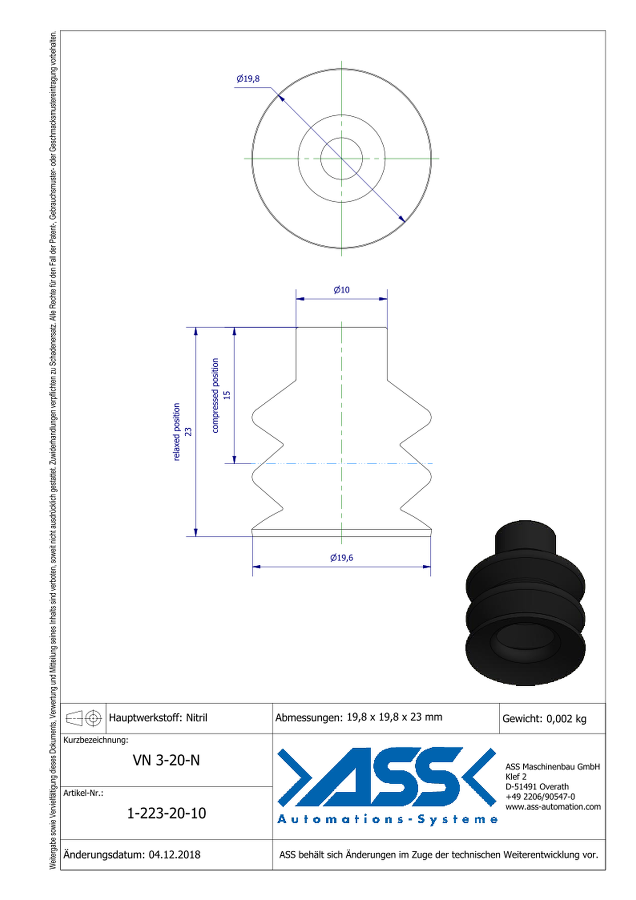 VN 3-20-N Suction Cup, 3 Bellows