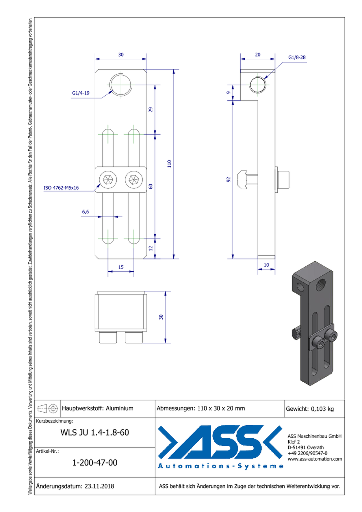 WLS JU 1/4-1/8-60 Long angle connector