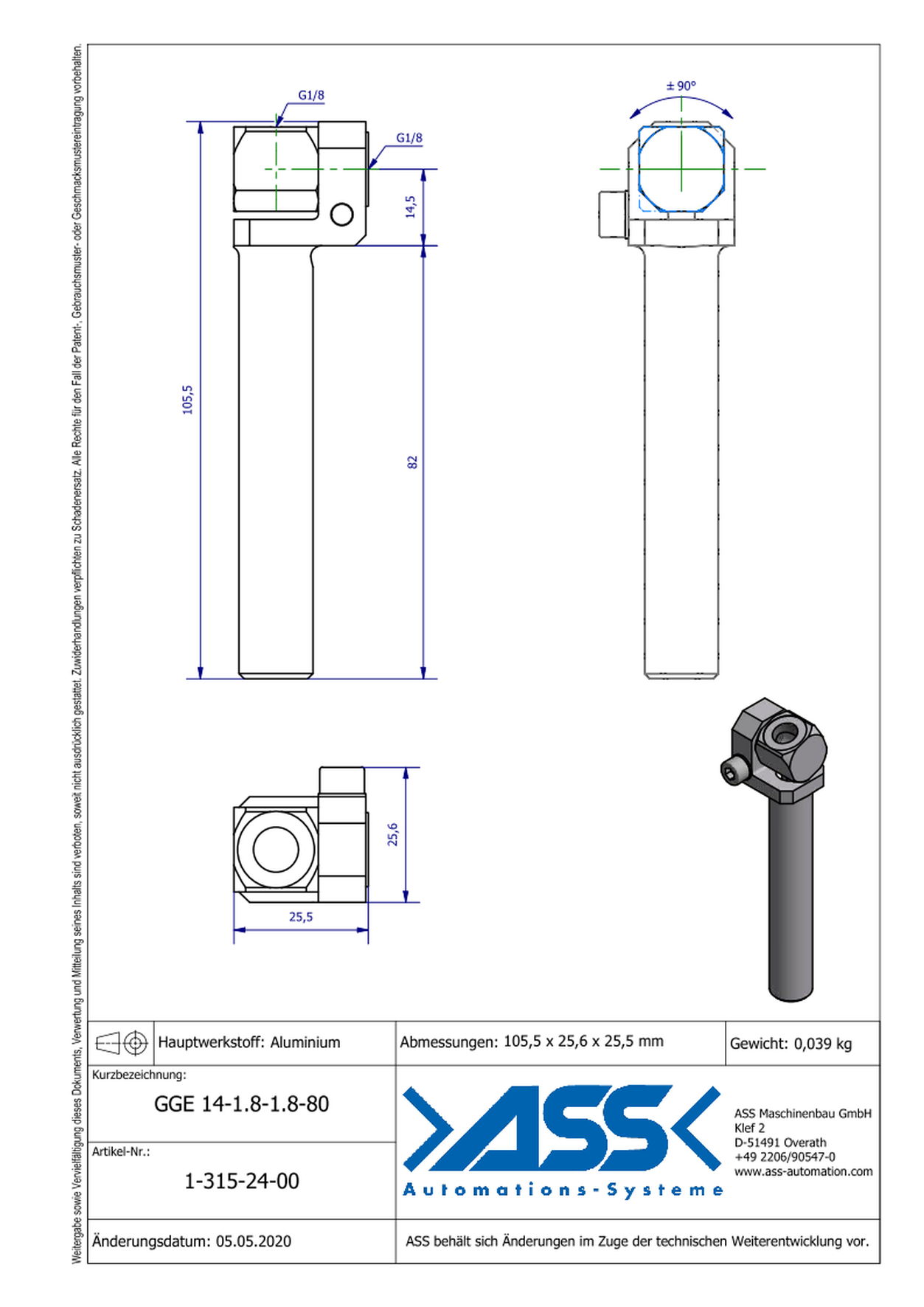 GGE 14-1/8-1/8-80 Elbow Gripper Arm for Vacuum Cups