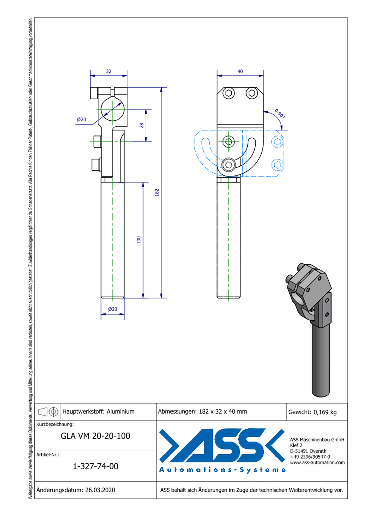 GLA VM 20-20-100 Elbow Gripper Arm, reinfoced, mirrored