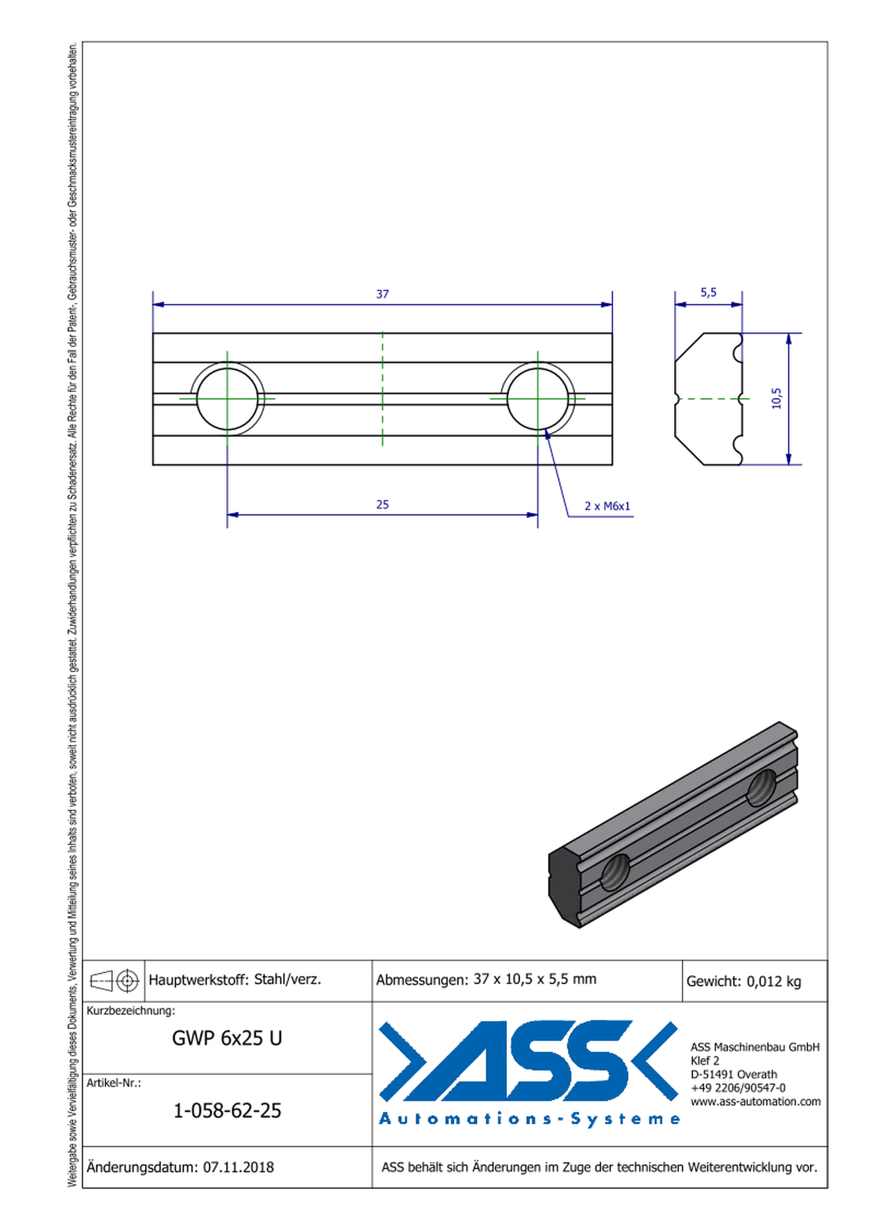 GWP 6-25 U Channel Nut with two Threads M6