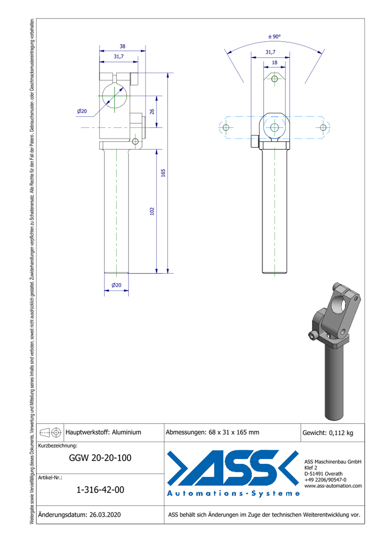 GGW 20-20-100 Gripper Arm, +/- 90 degree