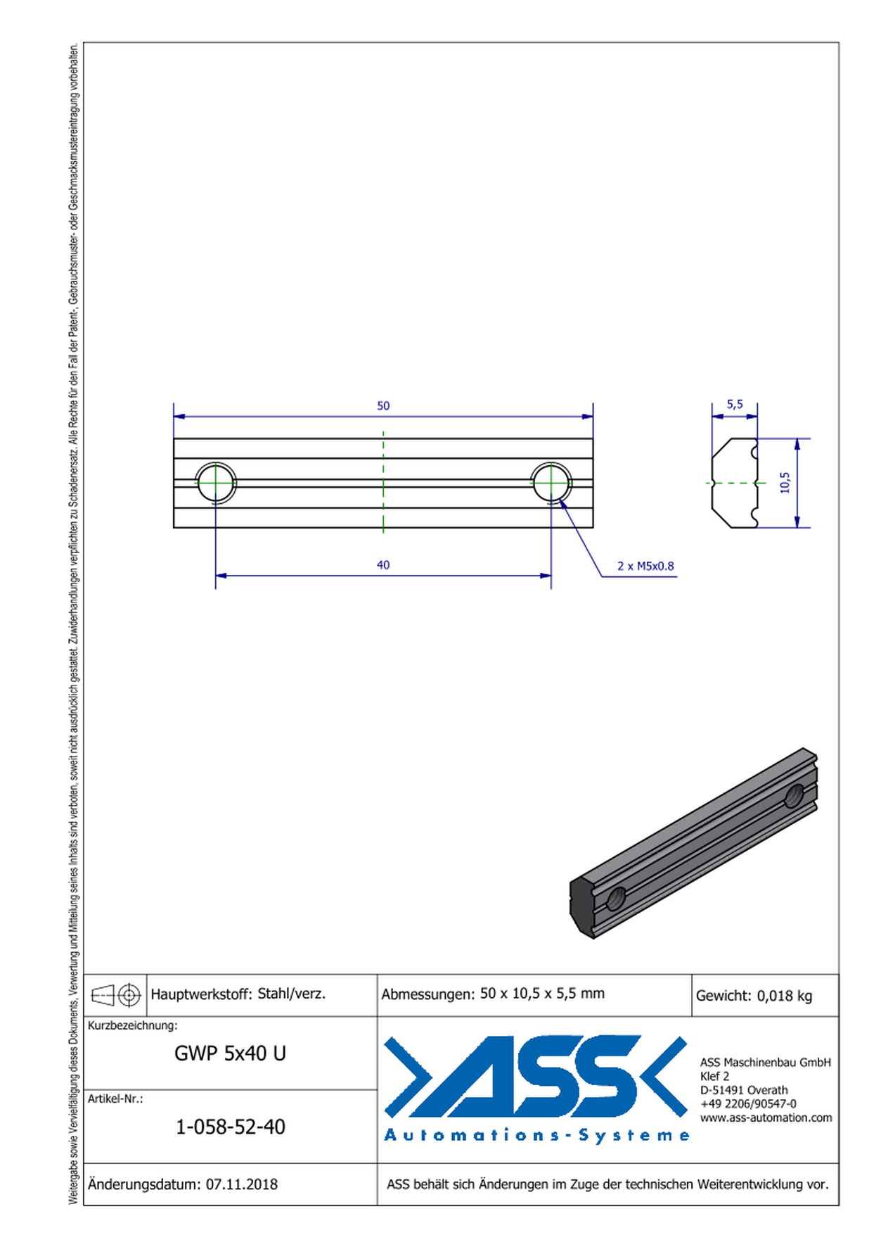 GWP 5-40 U Channel Nut with two Threads M5