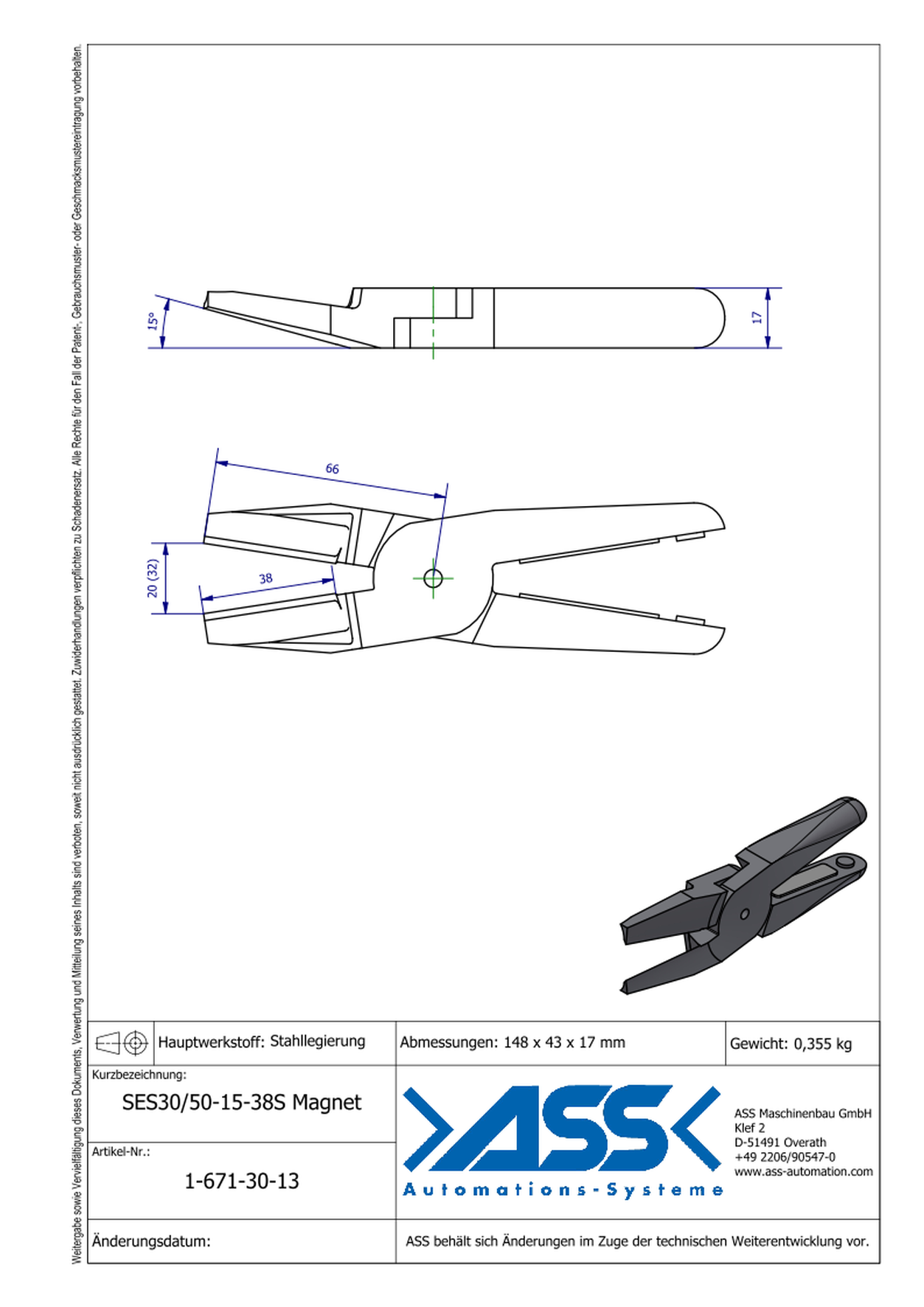 SES30/50-15-38S Magnet  Nipper Blade Magnet Return, Standard, angulated