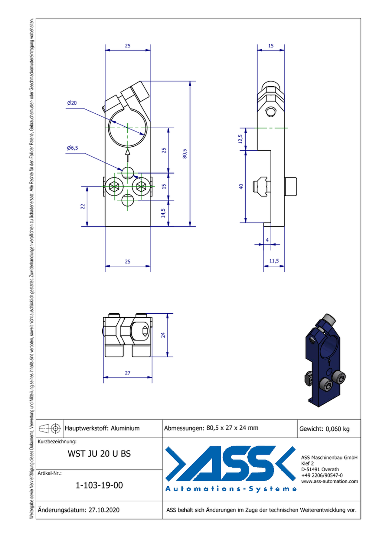 WST JU 20 U BS Angle Clamp universal, Blue Scale