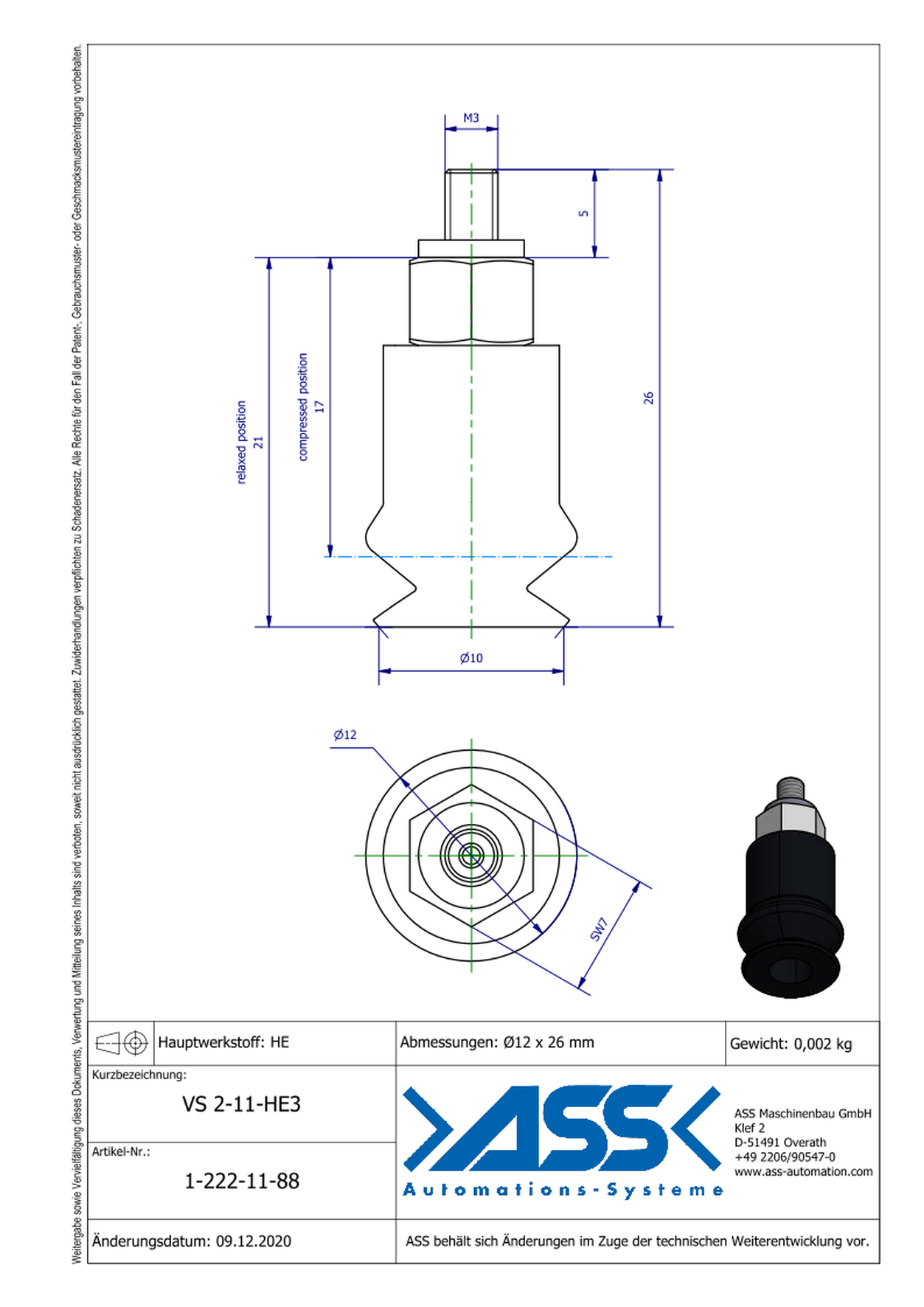 VS 2-11-HE3 Vacuum Cup, 2 Bellows