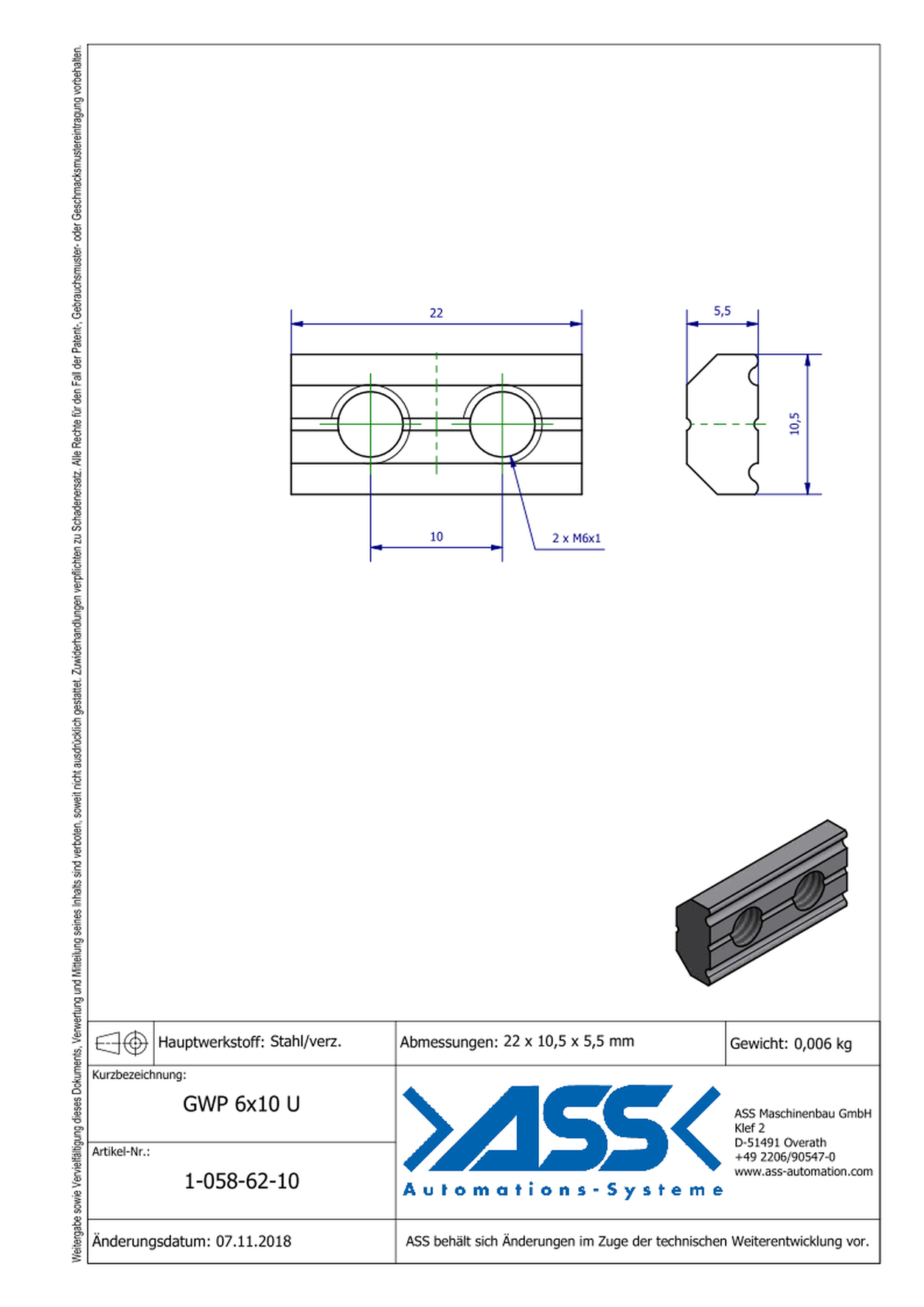 GWP 6-10 U Channel Nut with two Threads M6