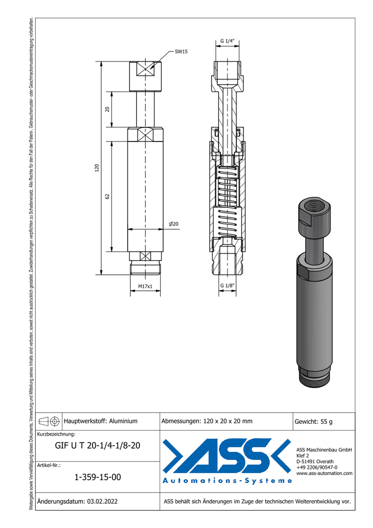 GIF U T 20-1/4-1/8-20 Spring Load. Gripper Arm, int. spring, telescope