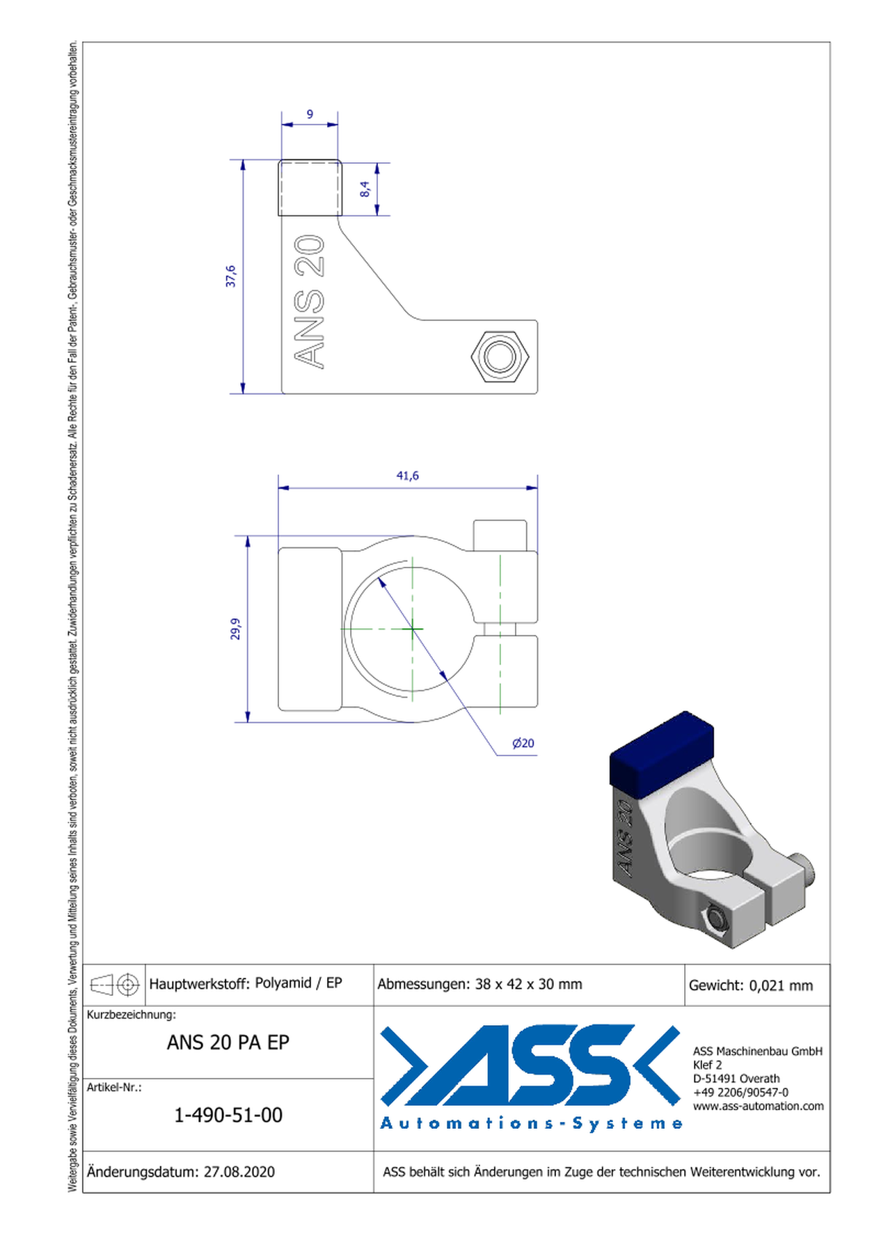 ANS 20 PA EP S Holding Bracket made of Polyamide with EP Coating