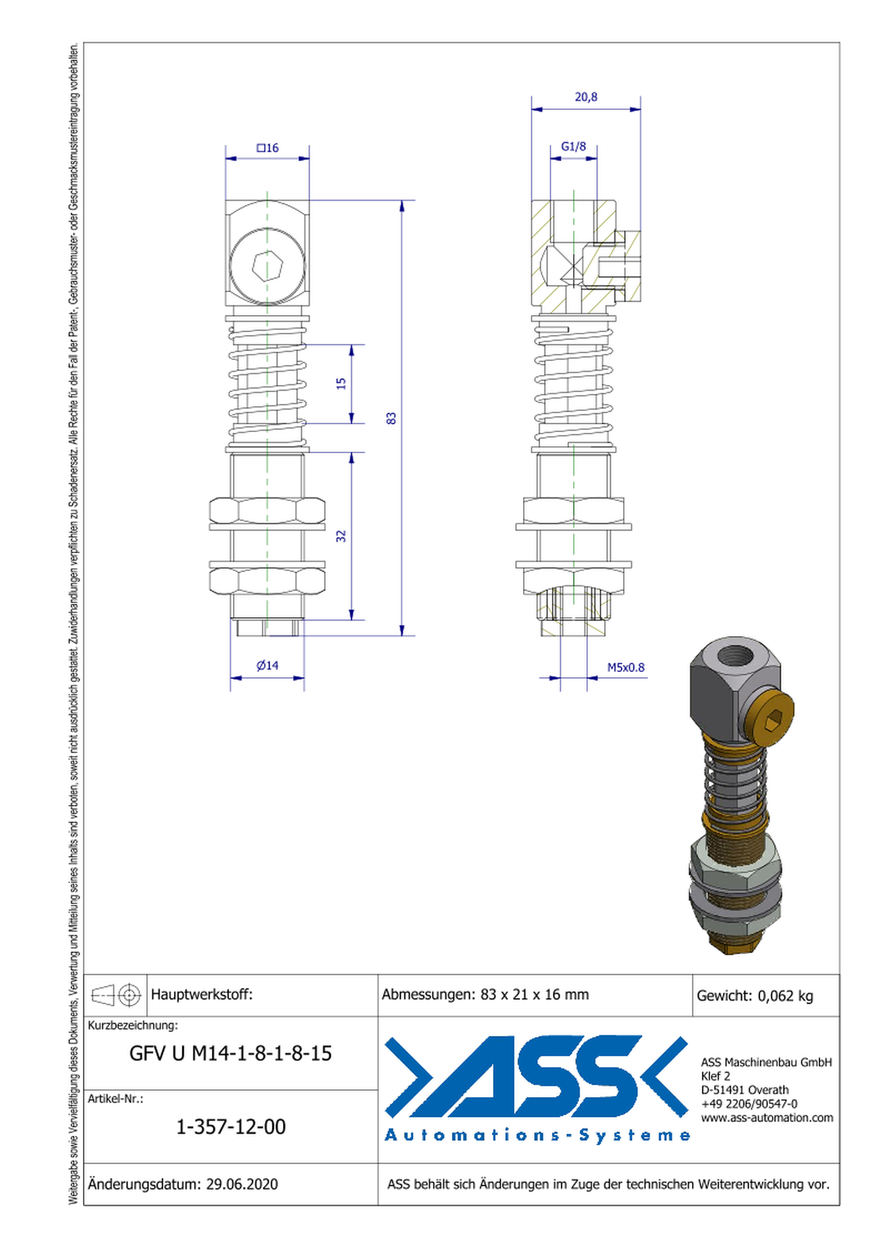 GFV U M14-1/8-1/8-15 Spring Load. Gripper Arm, lock ag. rot., Air Duct