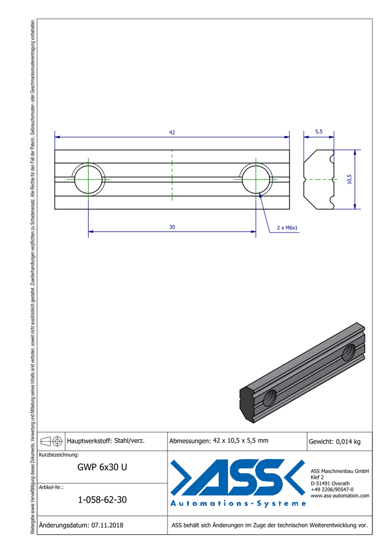 GWP 6-30 U Channel Nut with two Threads M6