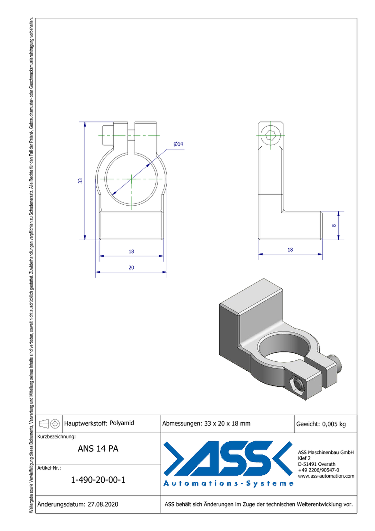 ANS 14 PA Holding Bracket made of Polyamide 