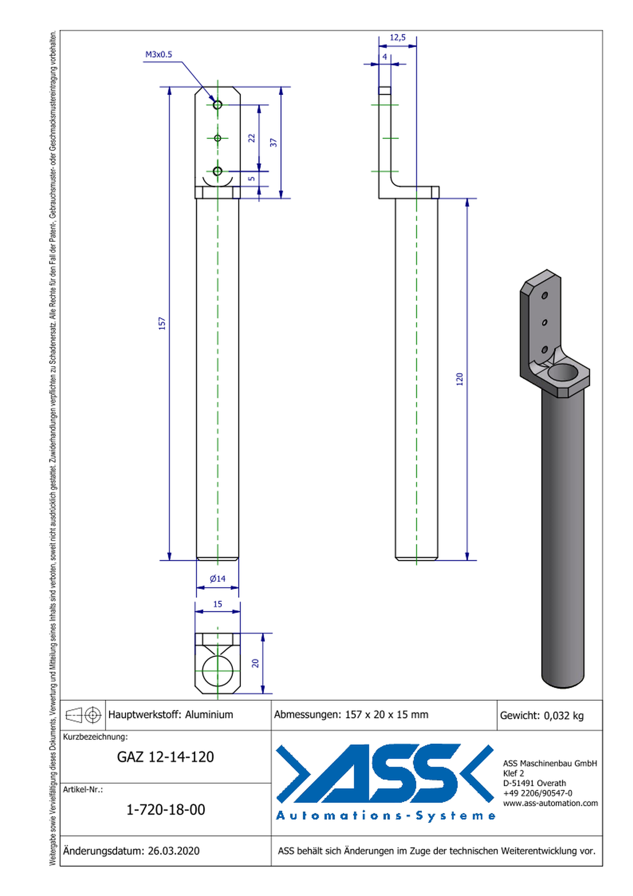 GAZ 12-14-120 Gripper Arm for Short Stroke Cylinder 