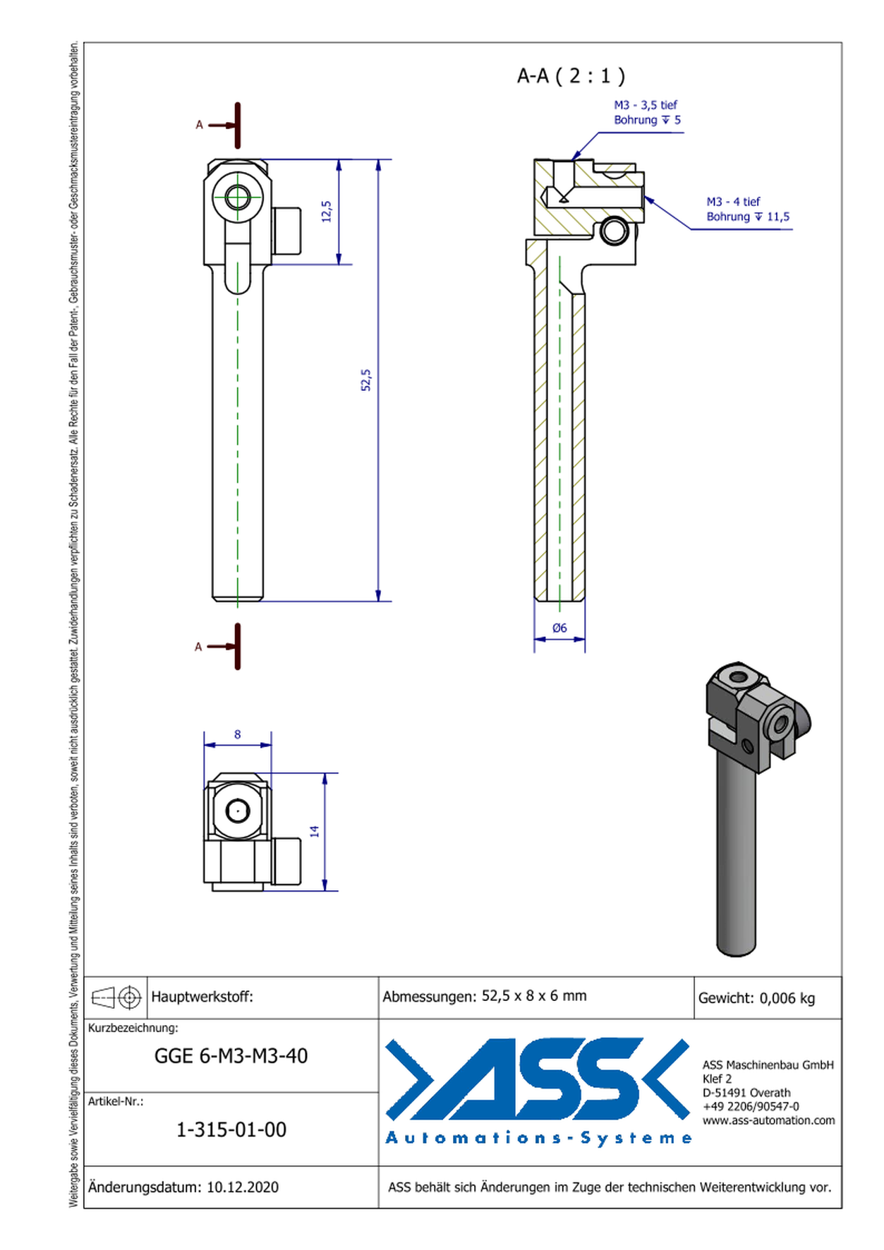 GGE 6-M3-M3-40 Elbow Gripper Arm for Vacuum Cups, Micro Series