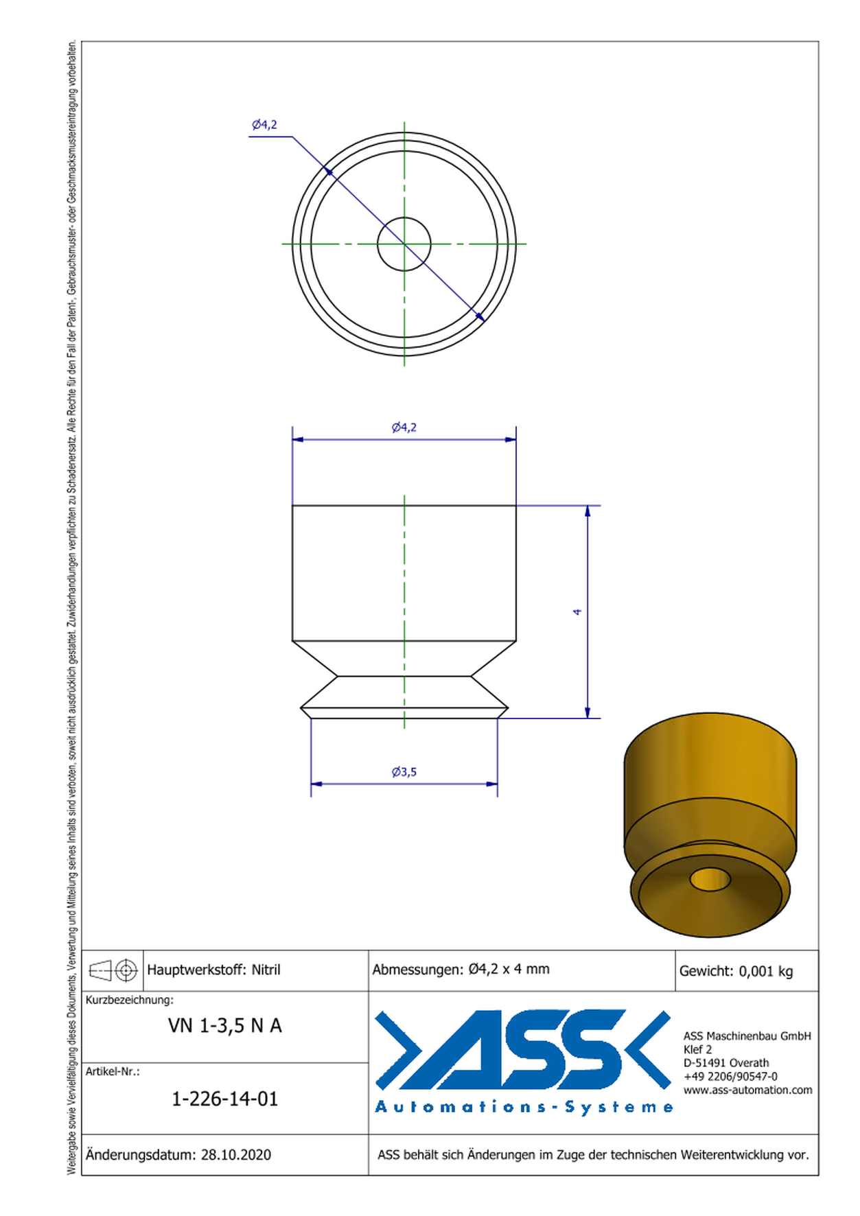 VN 1-3,5 N A Suction Cup, 1 Bellow, anti-static, Micro Series