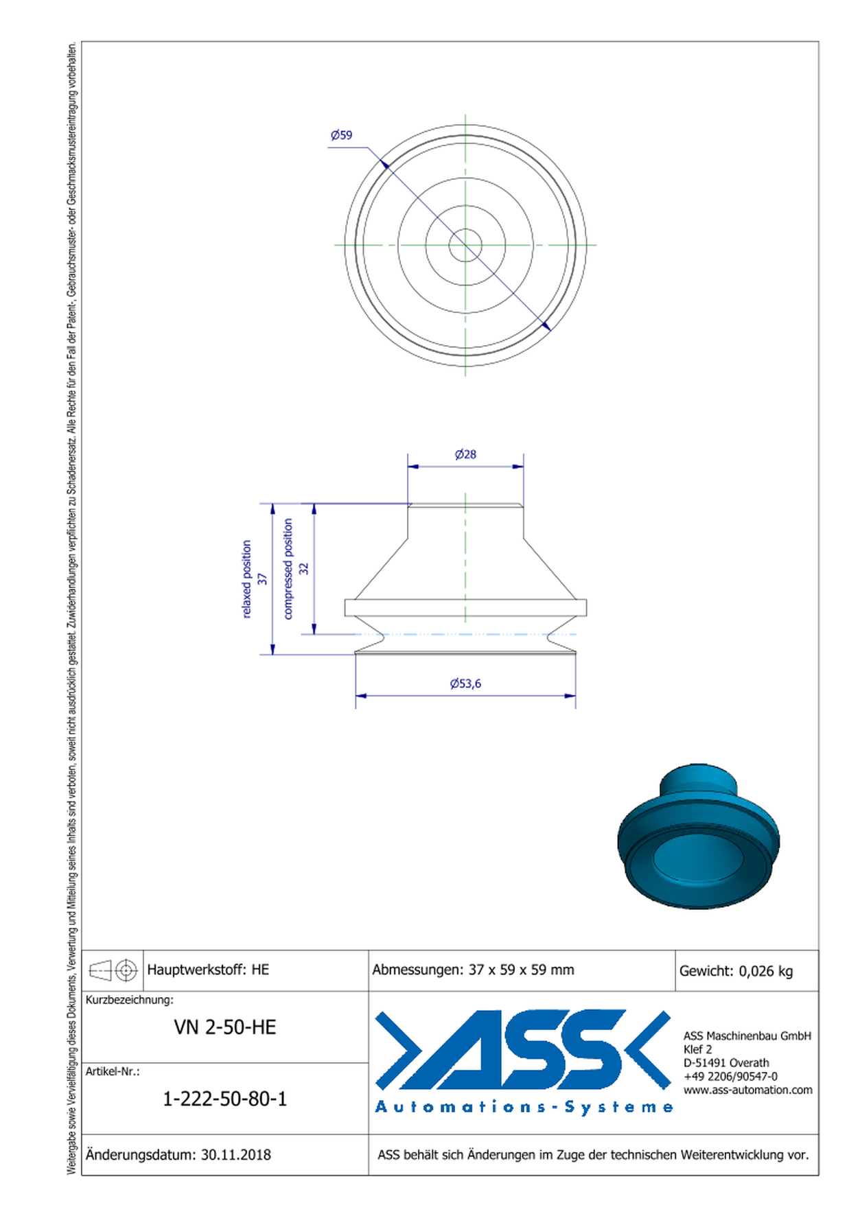 VN 2-50-HE (new version) Suction Cup, 2 Bellows