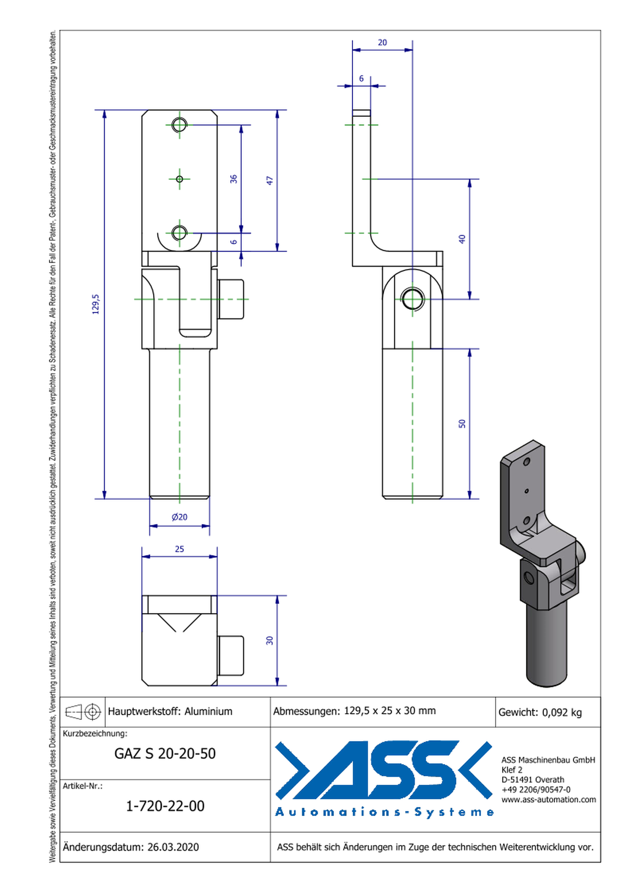 GAZ S 20-20-50 Gripper Arm for Short Stroke Cylinder, with Swivel