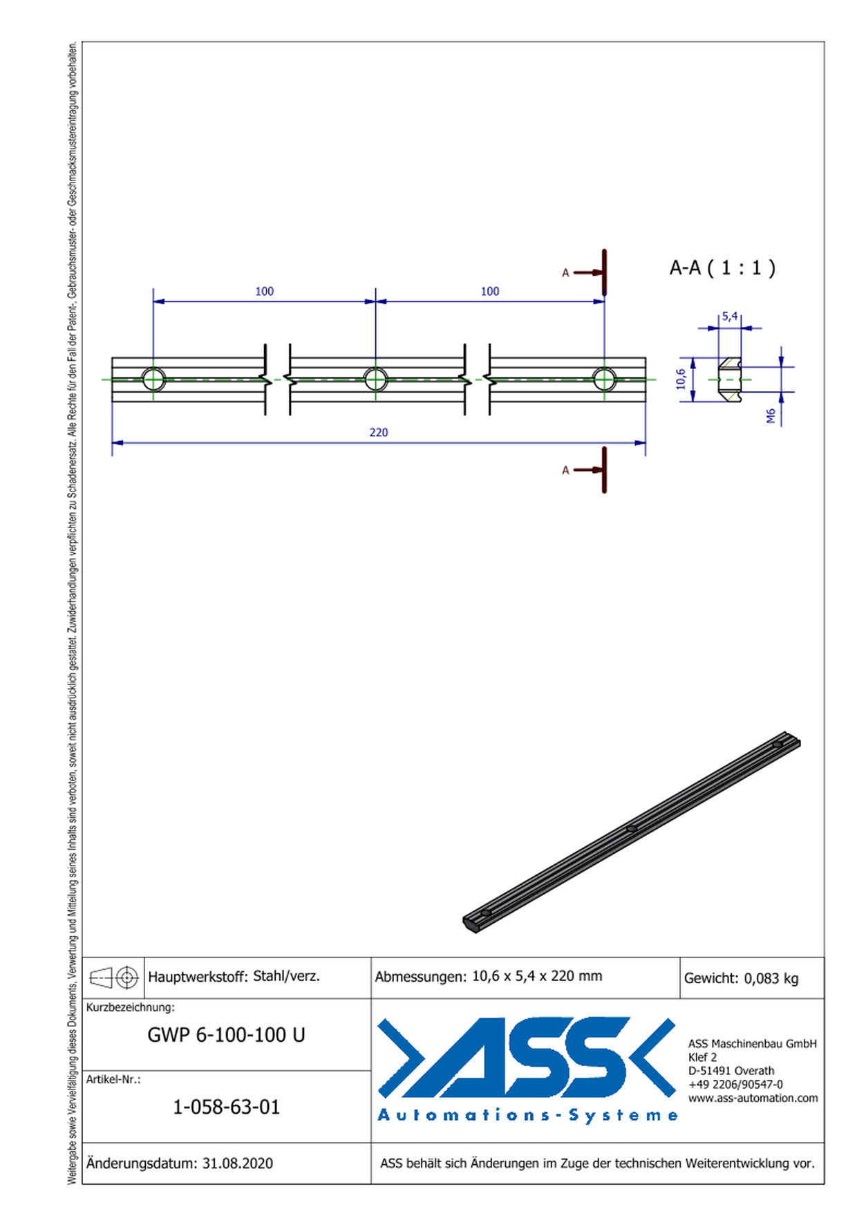 GWP 6-100-100 U Channel Nut with three Threads M6