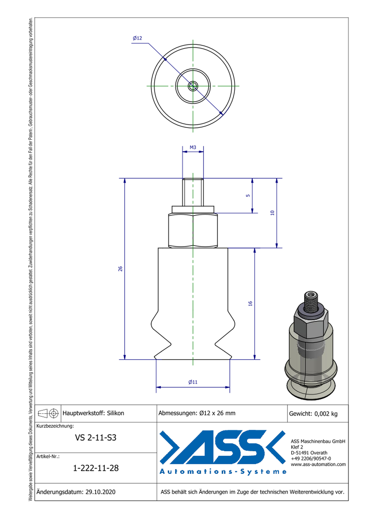 VS 2-11-S3  Vacuum Cup, 2 Bellows