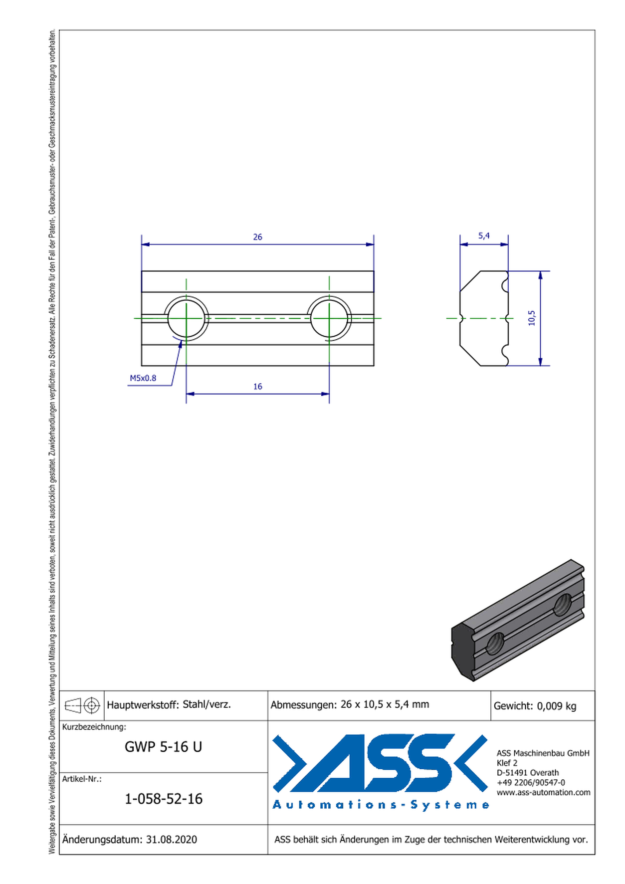 GWP 5-16 U Channel Nut with two Threads M5