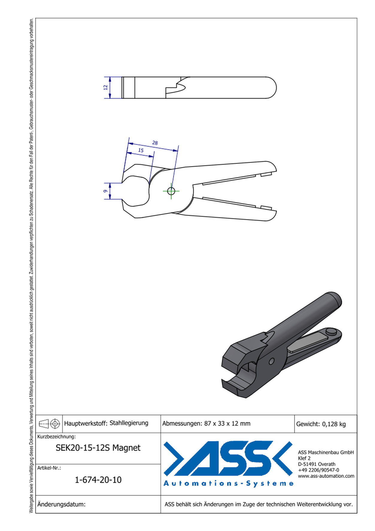 SEK20-15-12S Magnet Nipper Blade Magnet Return, Pinch