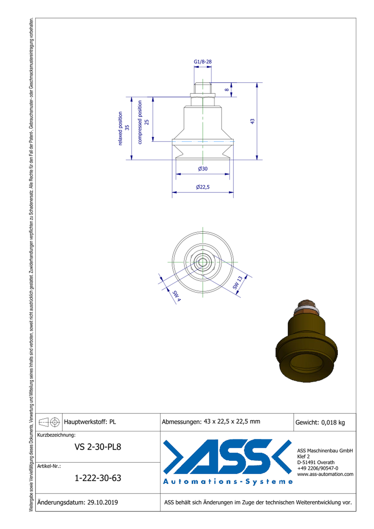 VS 2-30-PL8 Vacuum Cup, 2 Bellows