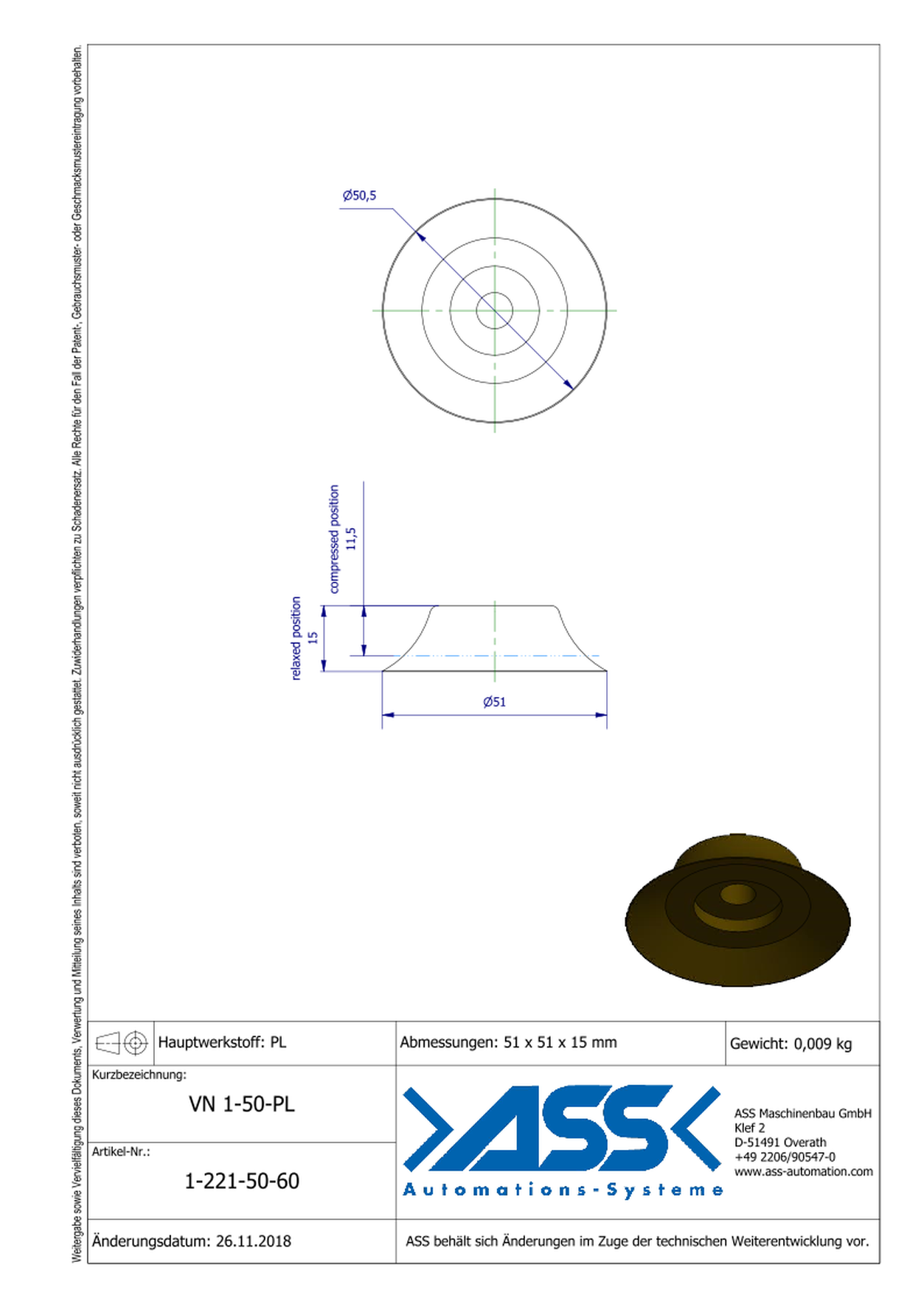 VN 1-50-PL Suction Cup, 1 Bellow