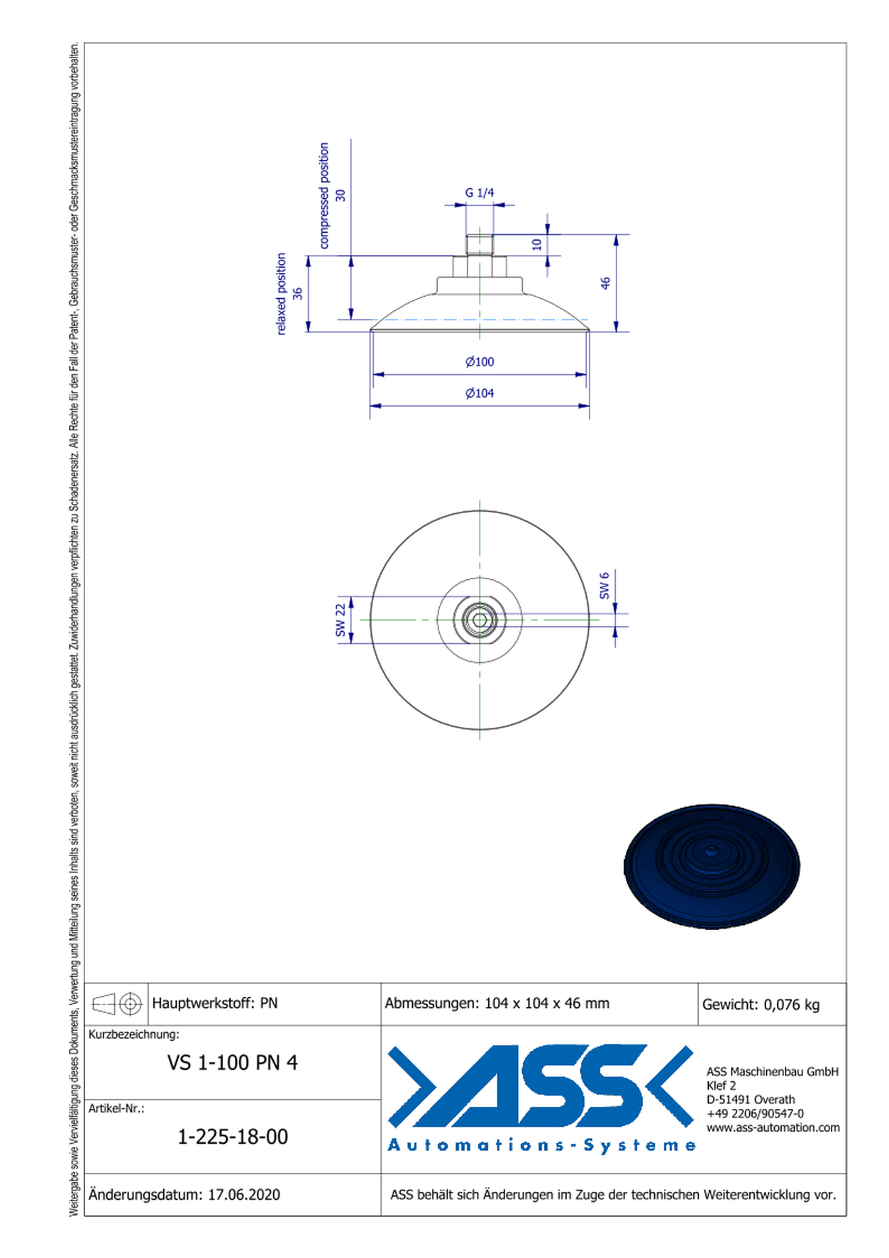 VS 1-100-PN4 Vacuum Cup, 1 Bellow, for sheet metal