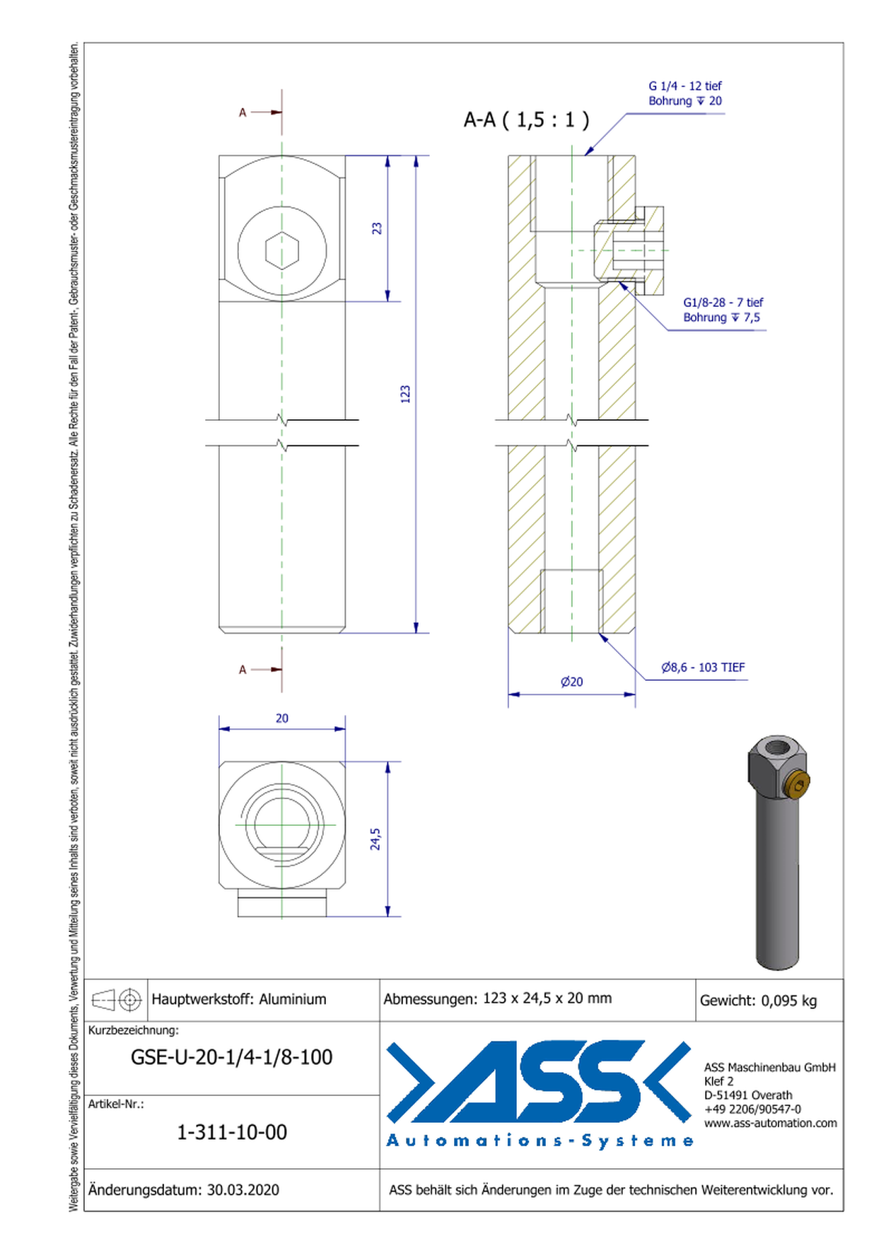 GSE U 20-1/4-1/8-100 Gripper Arm for Vacuum Cups with Air Duct