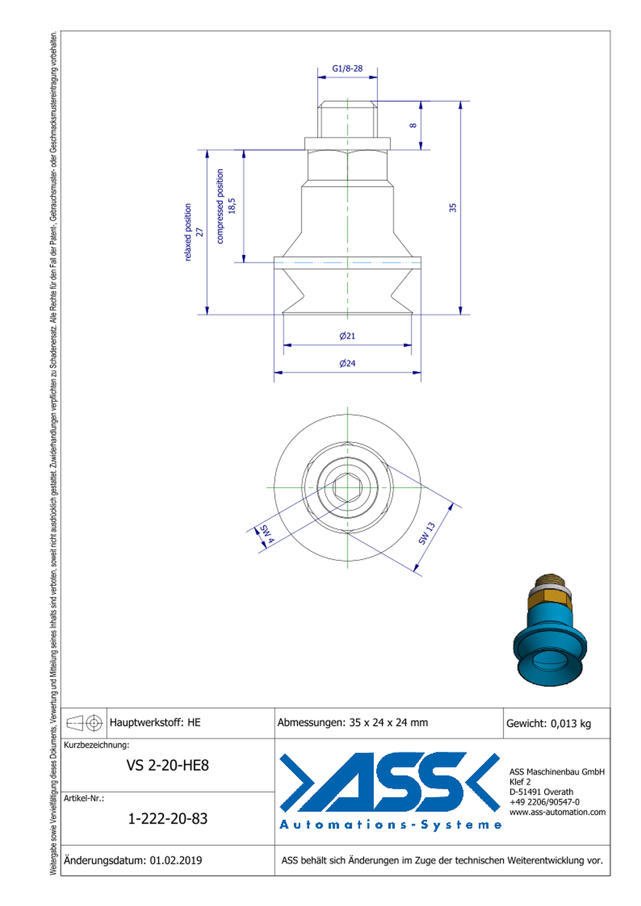 VS 2-20-HE8 Vacuum Cup, 2 Bellows