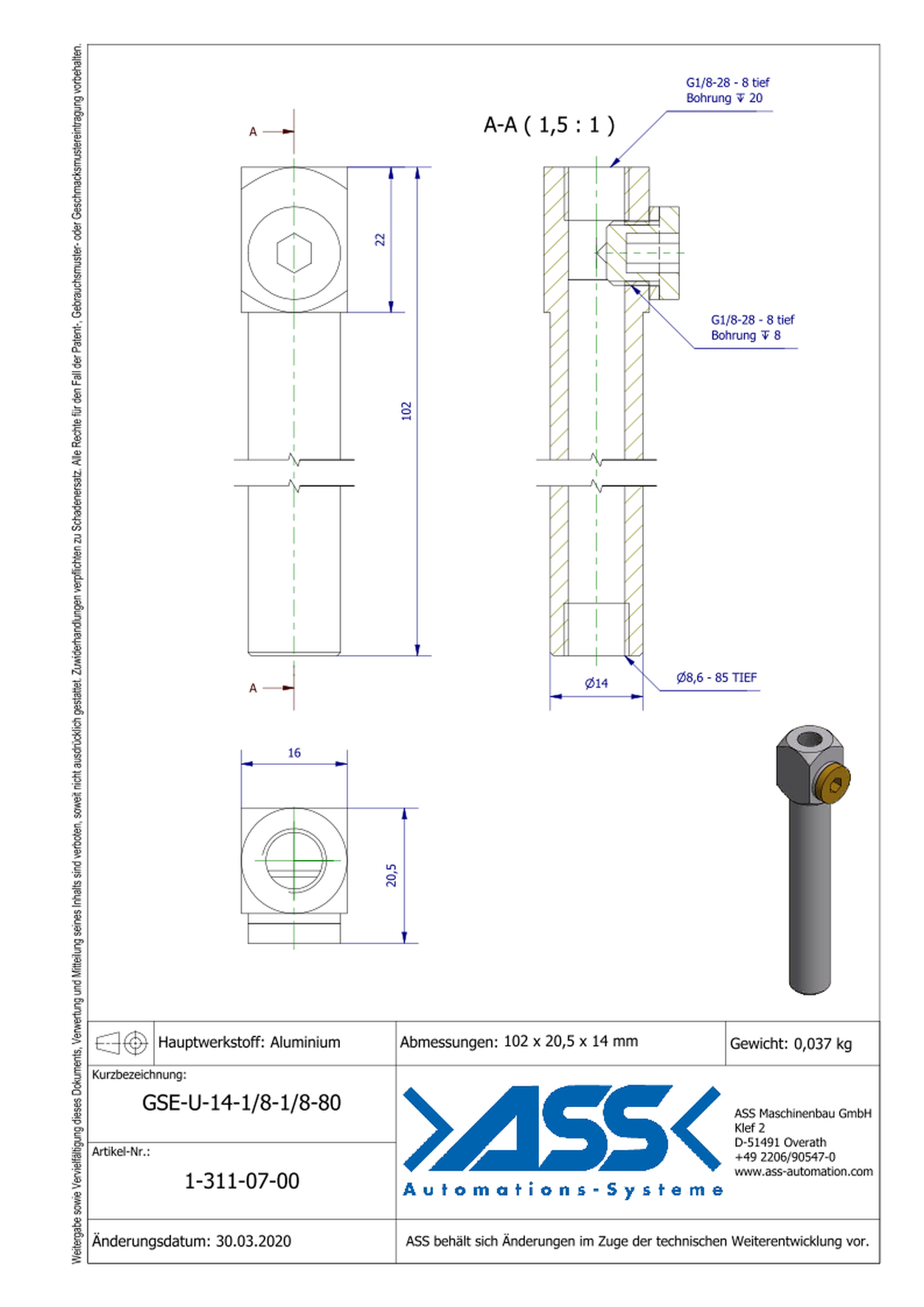 GSE U 14-1/8-1/8-80 Gripper Arm for Vacuum Cups with Air Duct