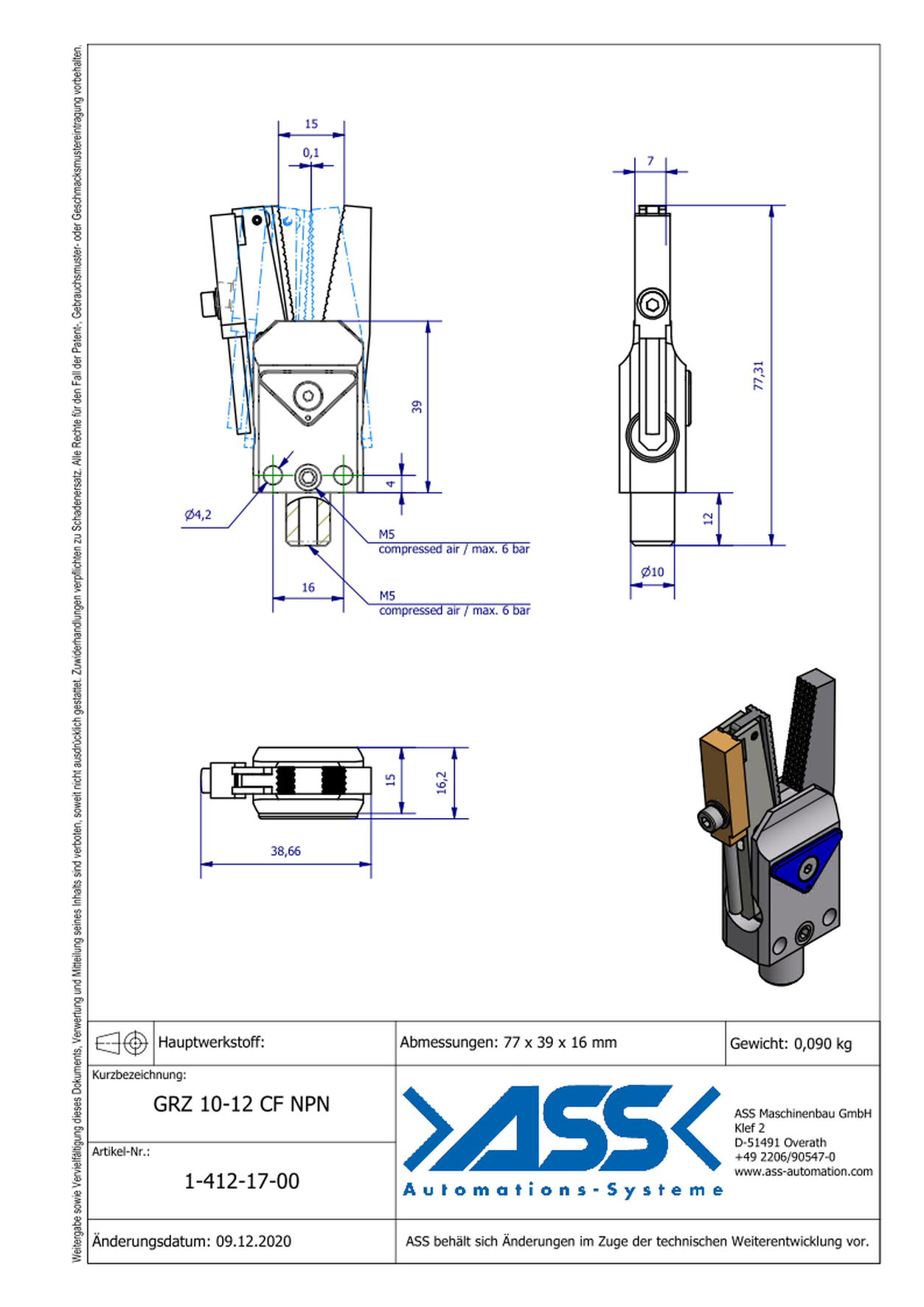 GRZ 10-12 CF NPN Gripper with Jaw Type: Chequered / Sensor NPN