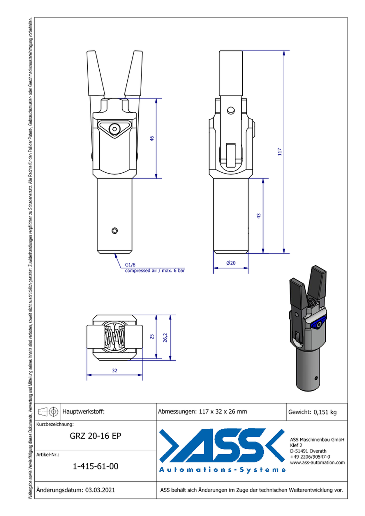 GRZ 20-16 EP Gripper, Jaw Type: both sides EP Coating, blue